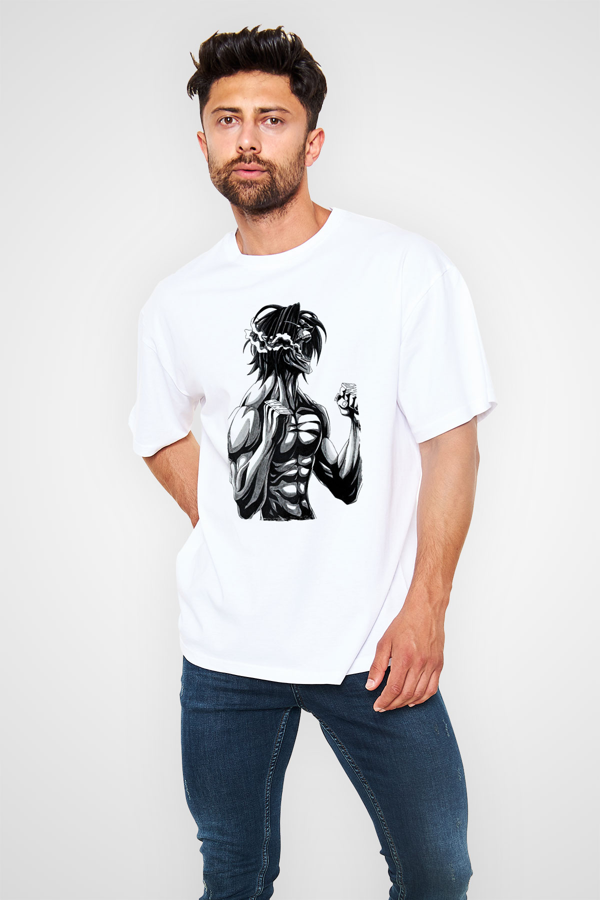 Attack On Titan Baskılı Beyaz Unisex Oversize Tişört - Tshirt