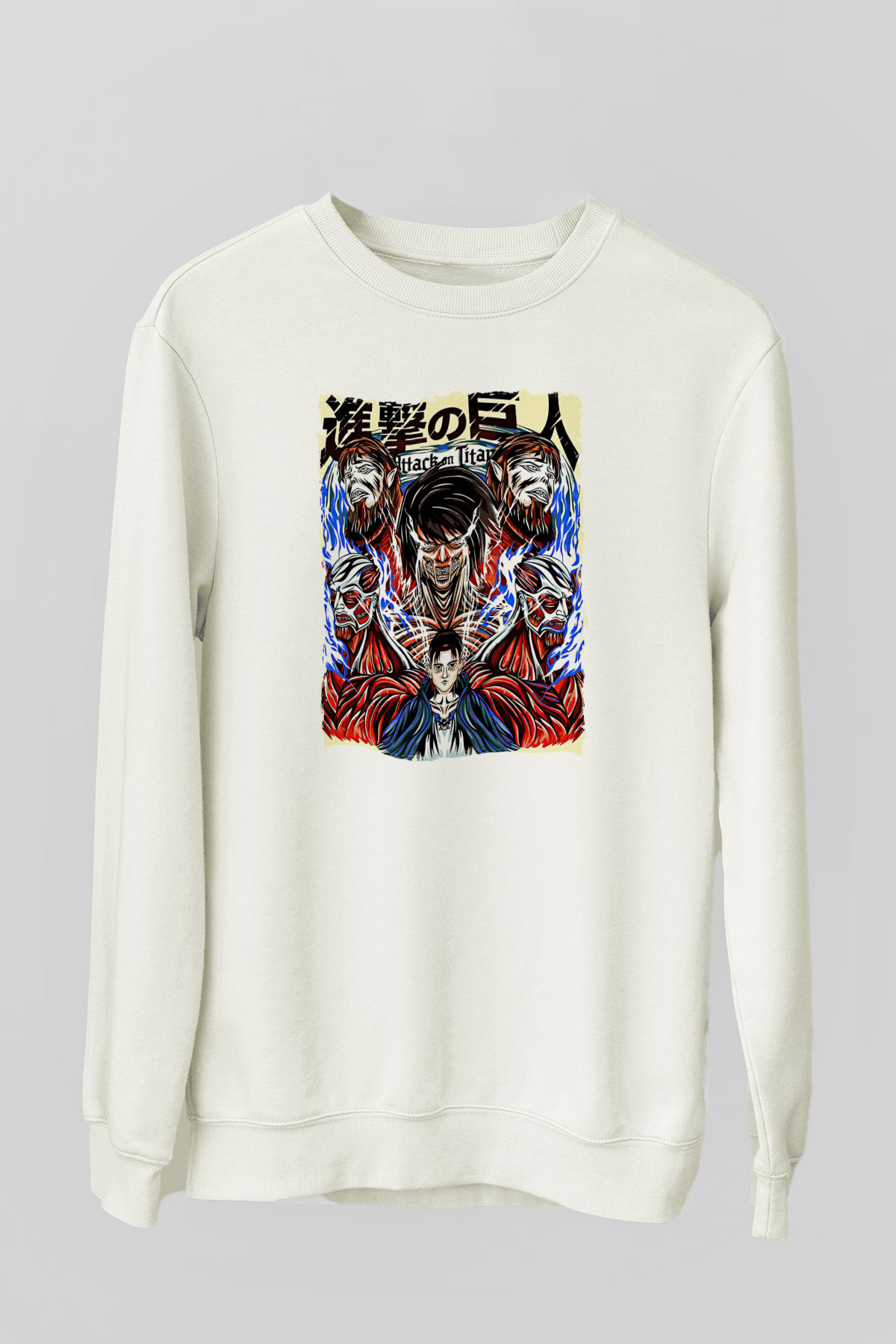 Attack On Titan Baskılı Beyaz Unisex Sweatshirt
