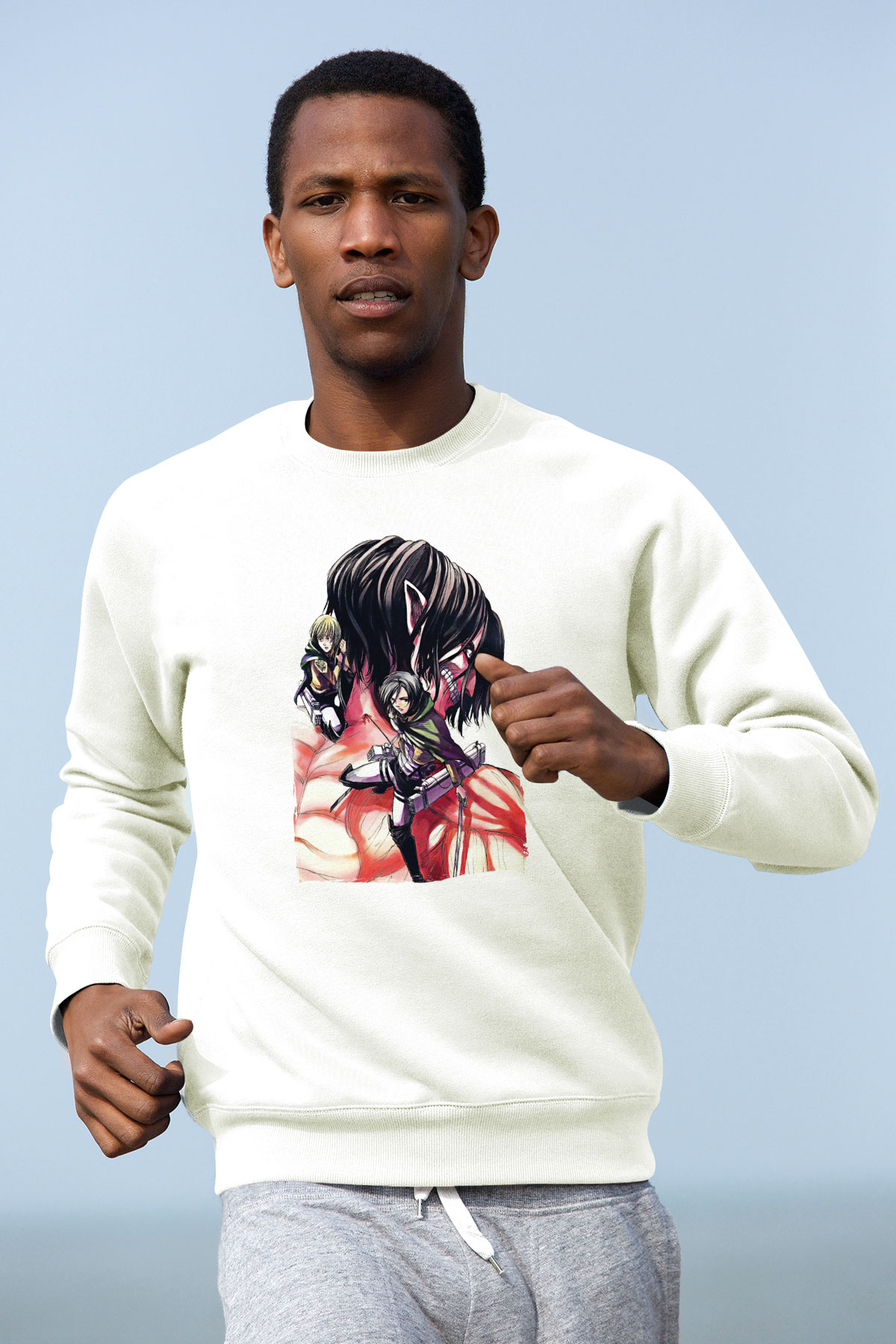 Attack On Titan Baskılı Beyaz Unisex Sweatshirt