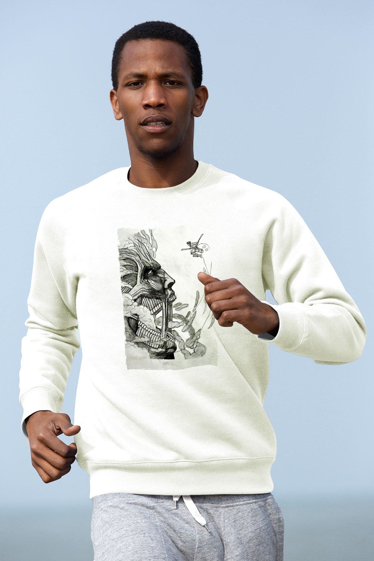 Attack On Titan Baskılı Beyaz Unisex Sweatshirt