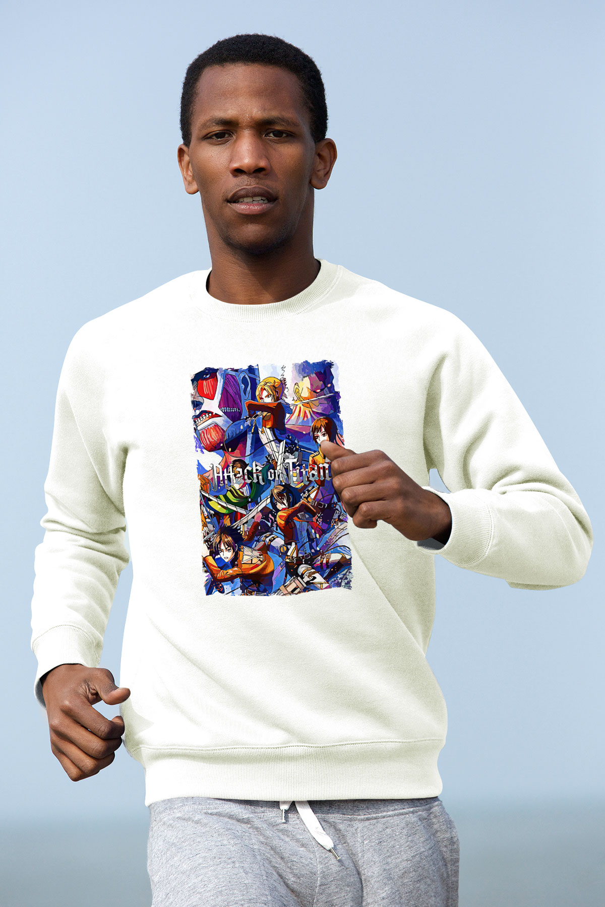 Attack On Titan Baskılı Beyaz Unisex Sweatshirt