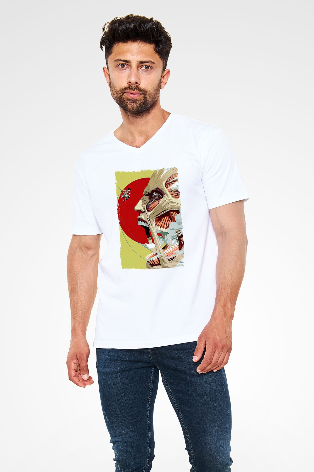 Attack On Titan Baskılı Beyaz Unisex V Yaka Tişört - Tshirt