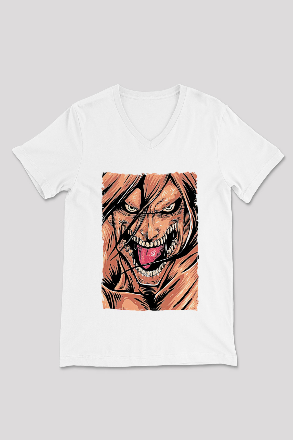 Attack On Titan Baskılı Beyaz Unisex V Yaka Tişört - Tshirt