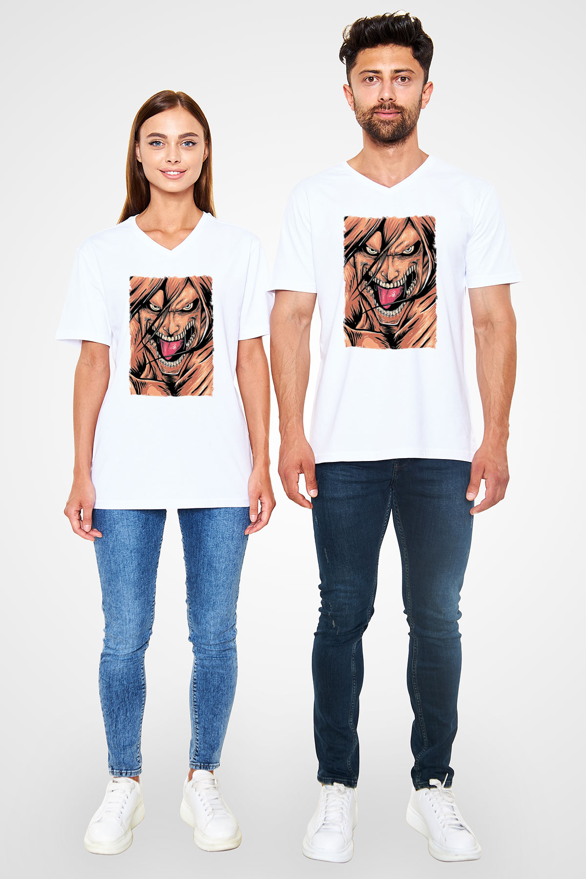 Attack On Titan Baskılı Beyaz Unisex V Yaka Tişört - Tshirt