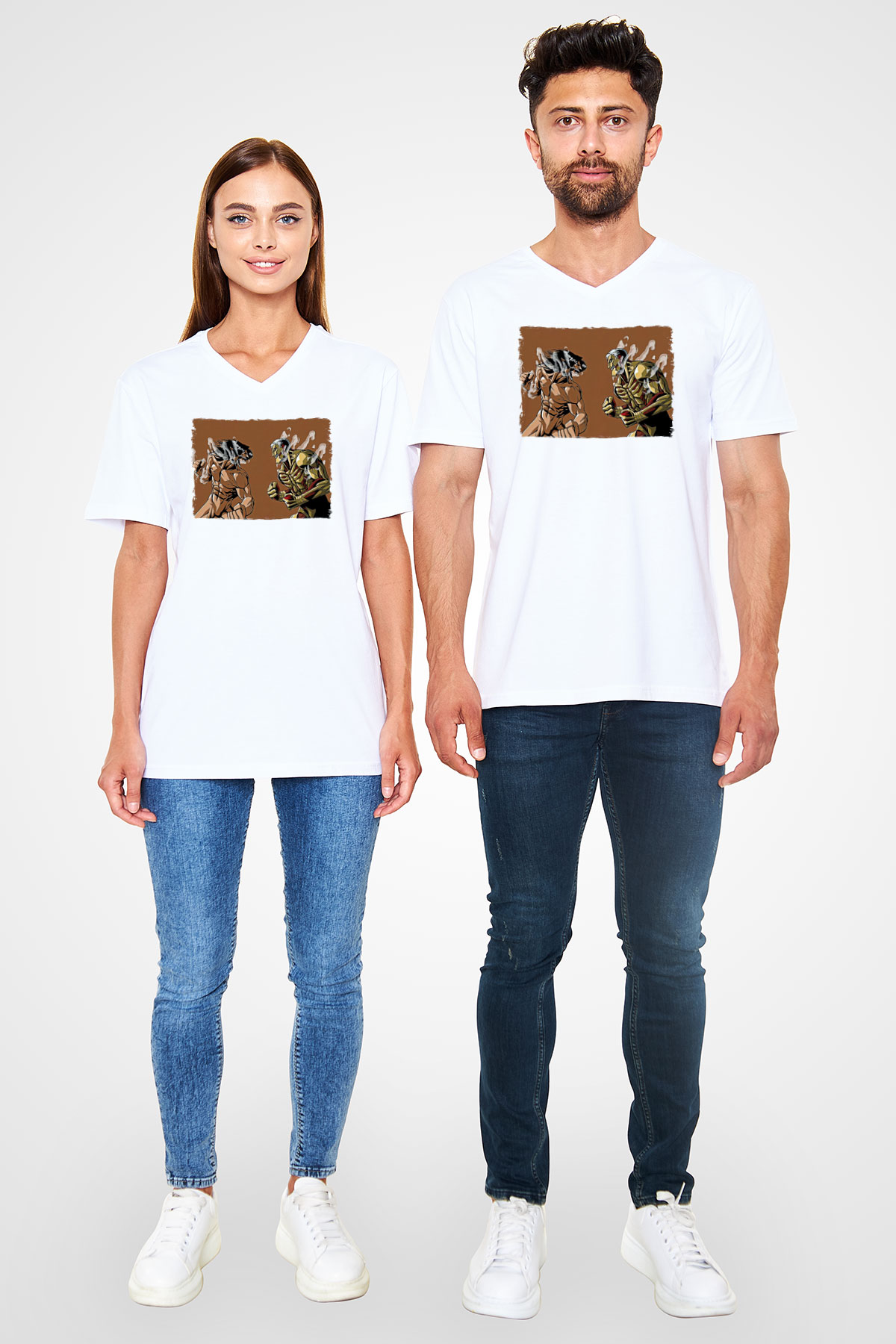 Attack On Titan Baskılı Beyaz Unisex V Yaka Tişört - Tshirt