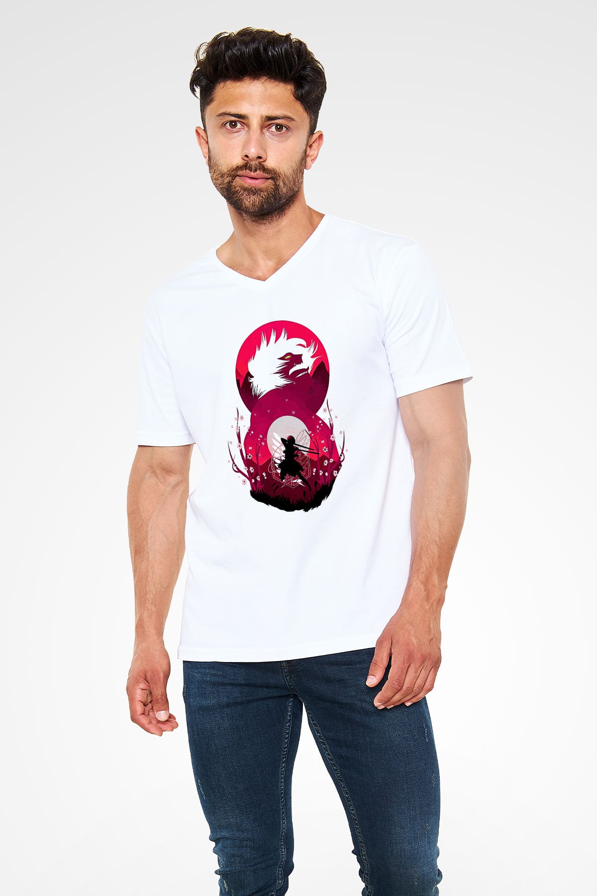 Attack On Titan Baskılı Beyaz Unisex V Yaka Tişört - Tshirt