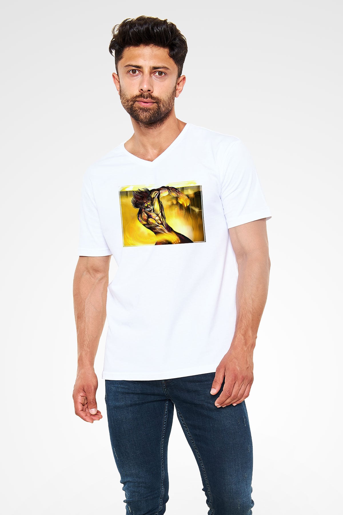 Attack On Titan Baskılı Beyaz Unisex V Yaka Tişört - Tshirt