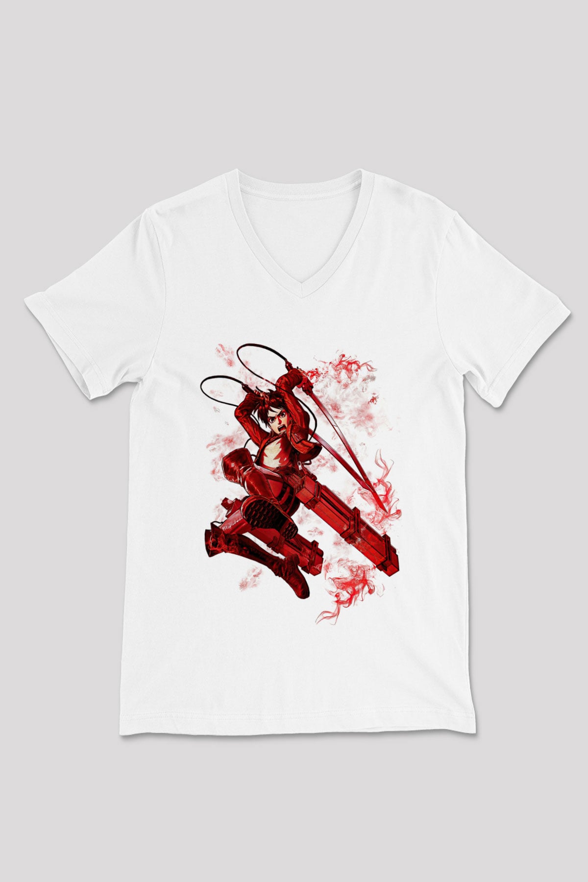 Attack On Titan Baskılı Beyaz Unisex V Yaka Tişört - Tshirt