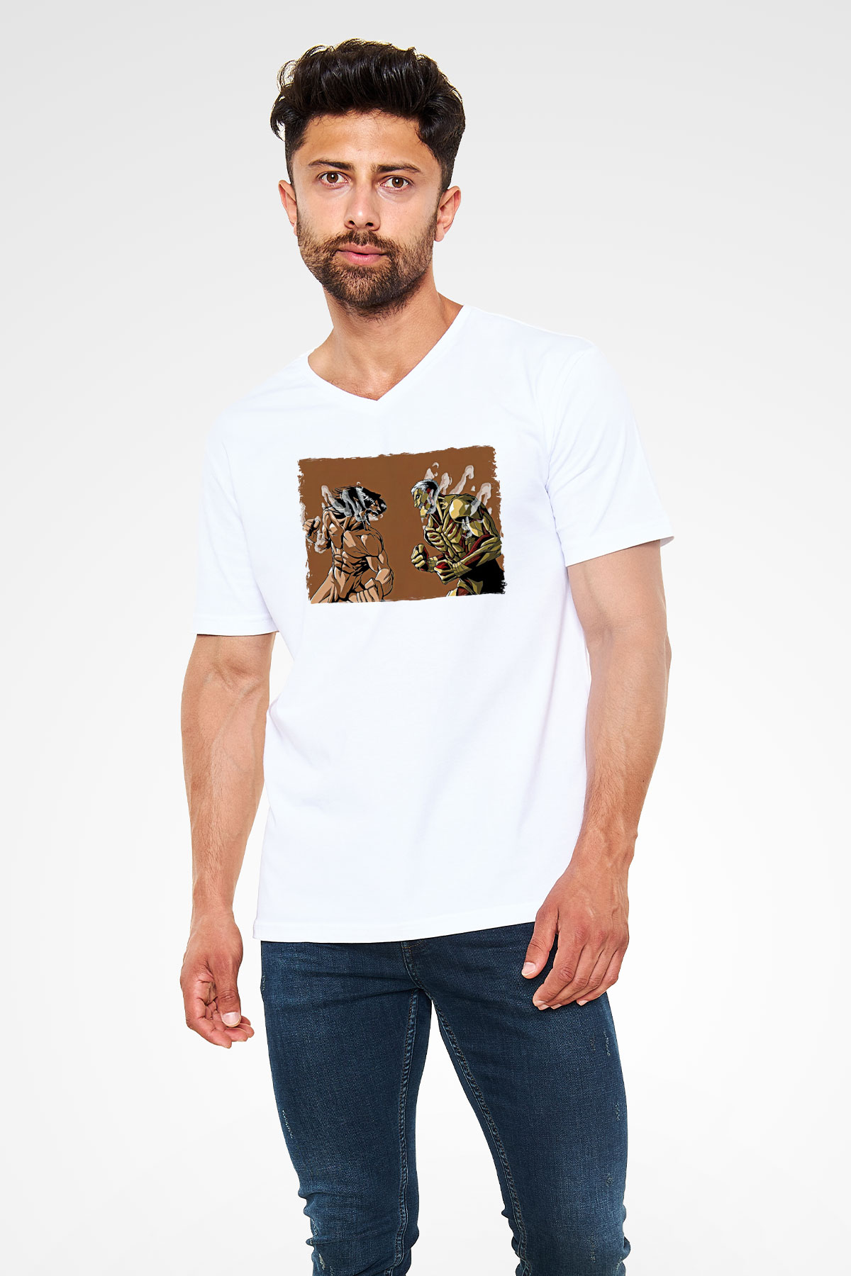 Attack On Titan Baskılı Beyaz Unisex V Yaka Tişört - Tshirt
