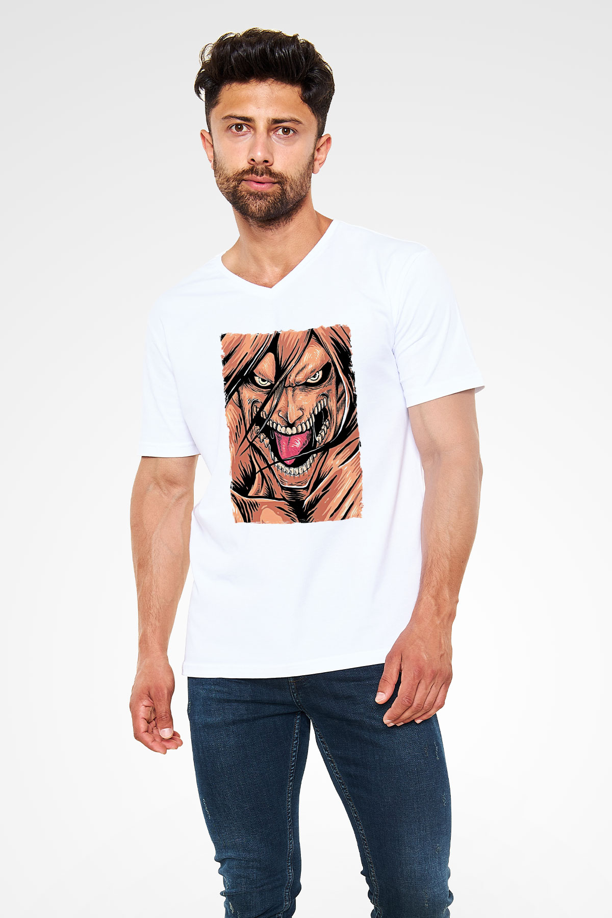 Attack On Titan Baskılı Beyaz Unisex V Yaka Tişört - Tshirt