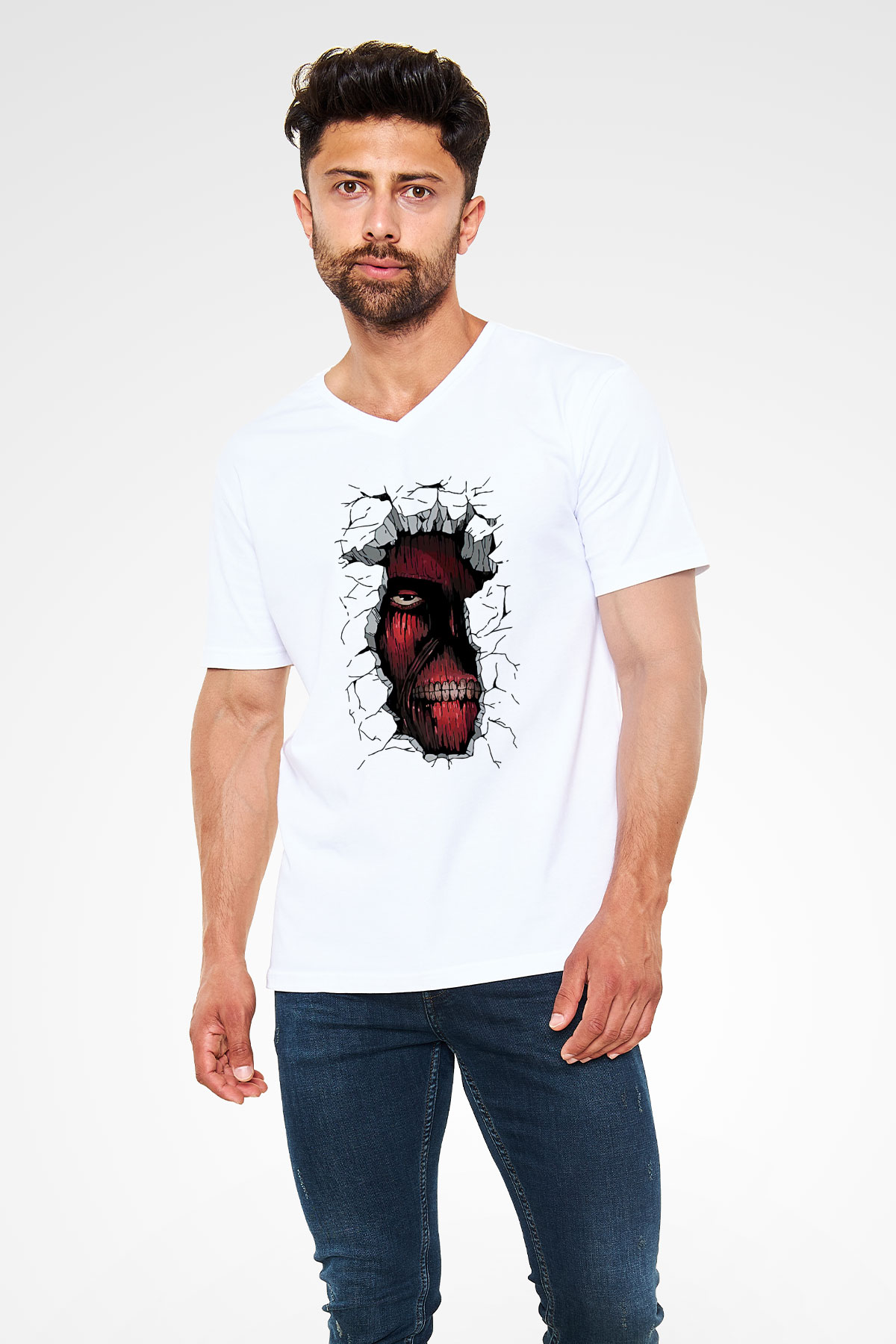 Attack On Titan Baskılı Beyaz Unisex V Yaka Tişört - Tshirt