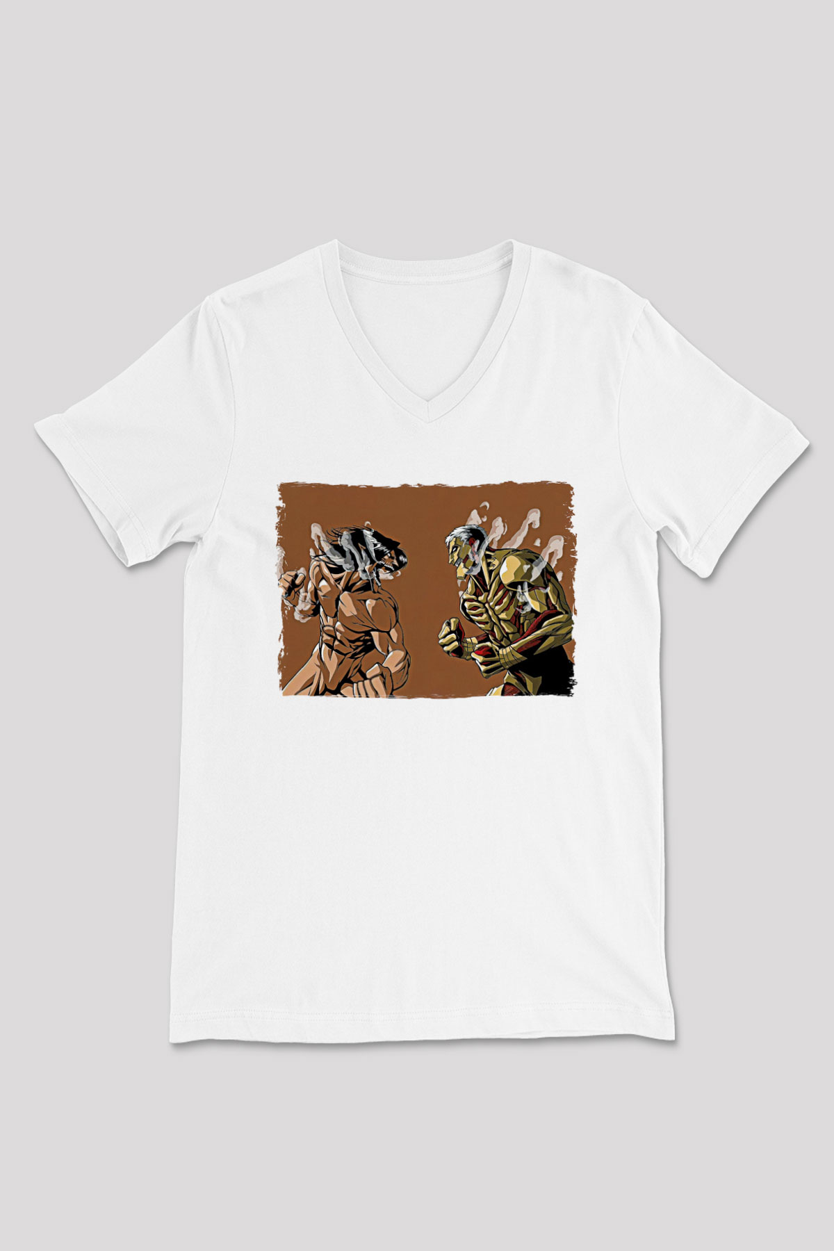 Attack On Titan Baskılı Beyaz Unisex V Yaka Tişört - Tshirt
