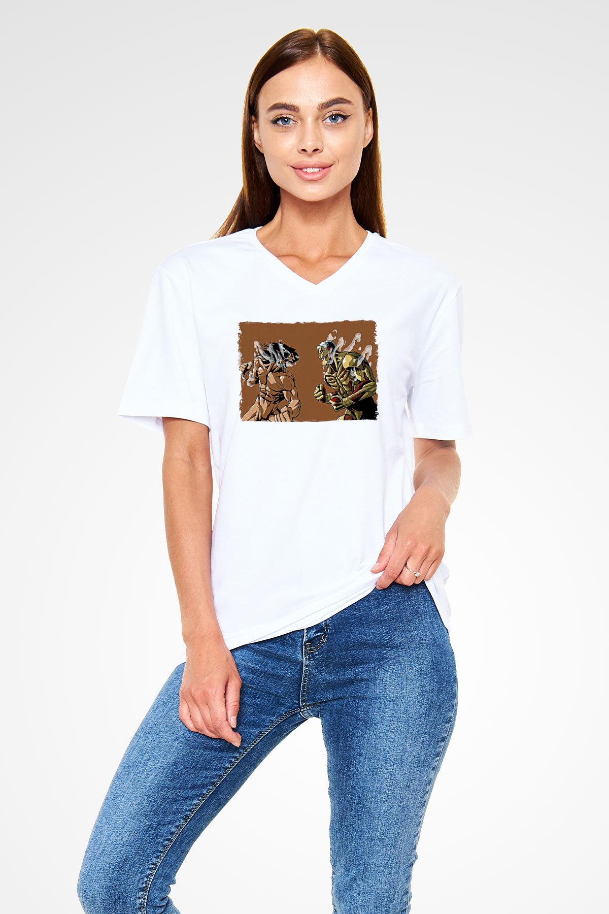 Attack On Titan Baskılı Beyaz Unisex V Yaka Tişört - Tshirt
