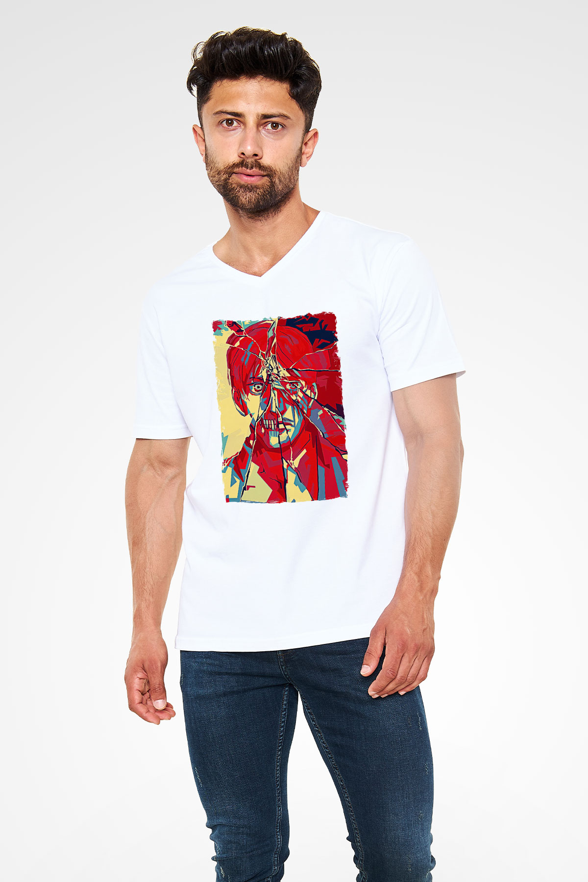 Attack On Titan Baskılı Beyaz Unisex V Yaka Tişört - Tshirt