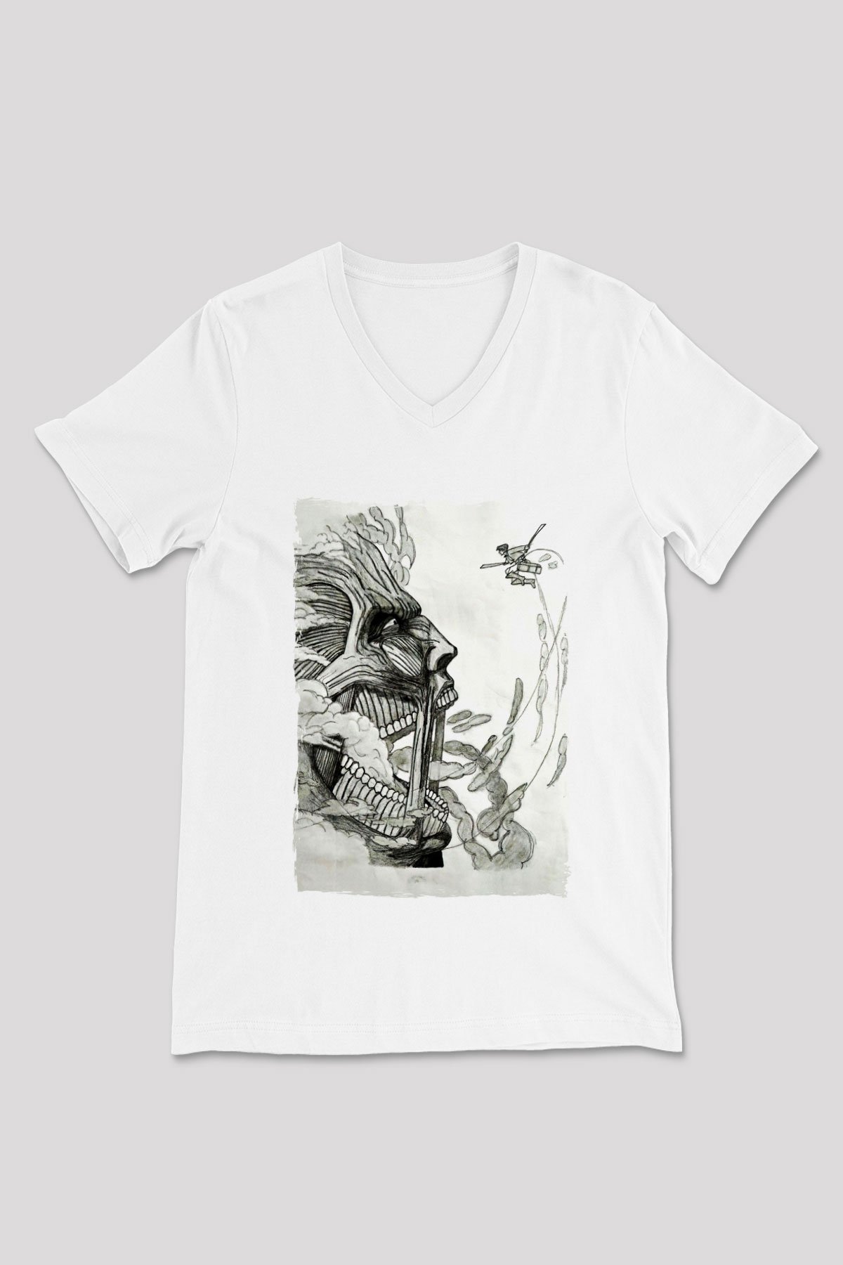 Attack On Titan Baskılı Beyaz Unisex V Yaka Tişört - Tshirt
