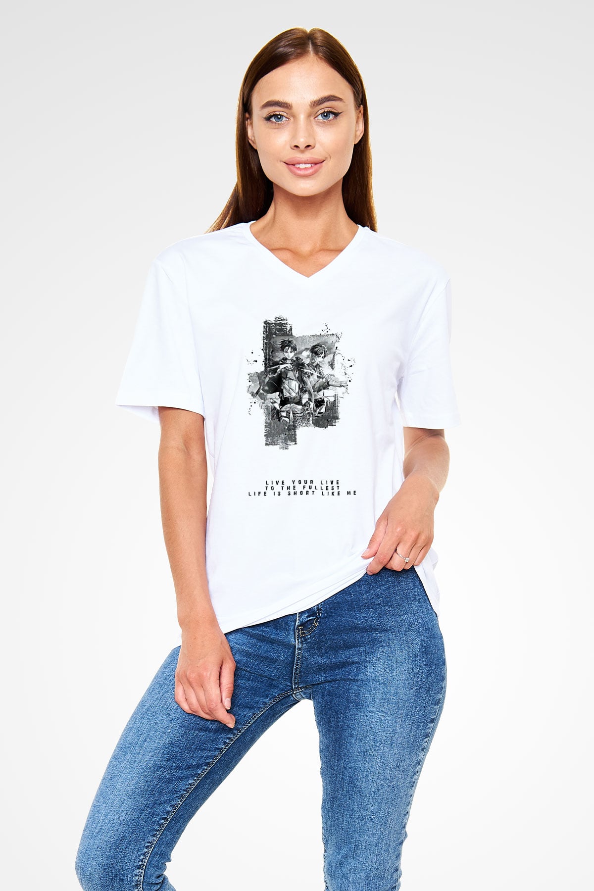 Attack On Titan Baskılı Beyaz Unisex V Yaka Tişört - Tshirt