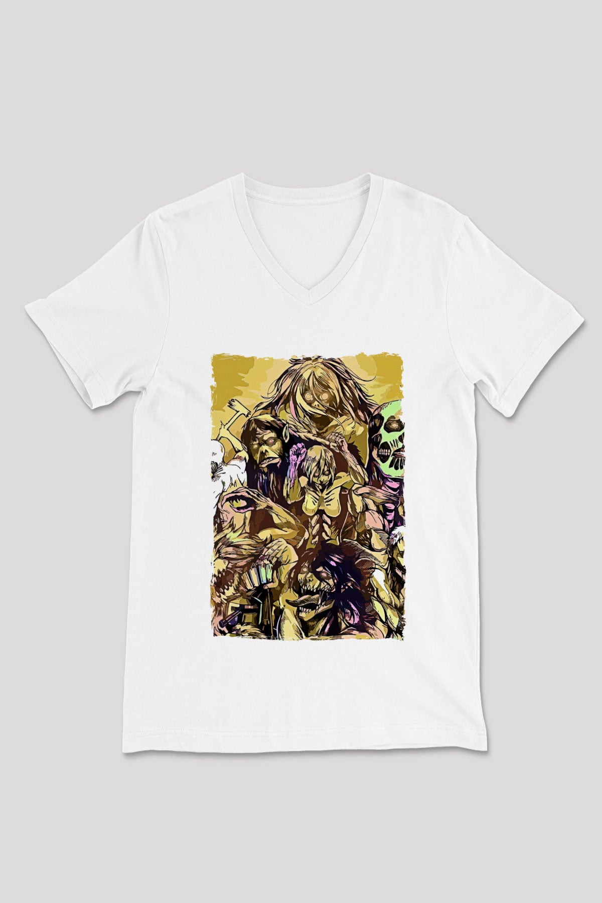 Attack On Titan Baskılı Beyaz Unisex V Yaka Tişört - Tshirt