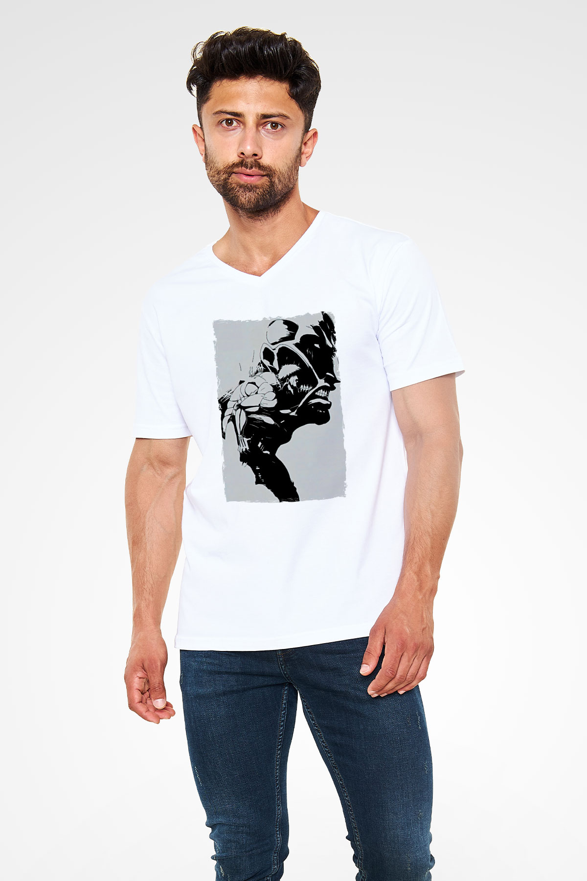 Attack On Titan Baskılı Beyaz Unisex V Yaka Tişört - Tshirt