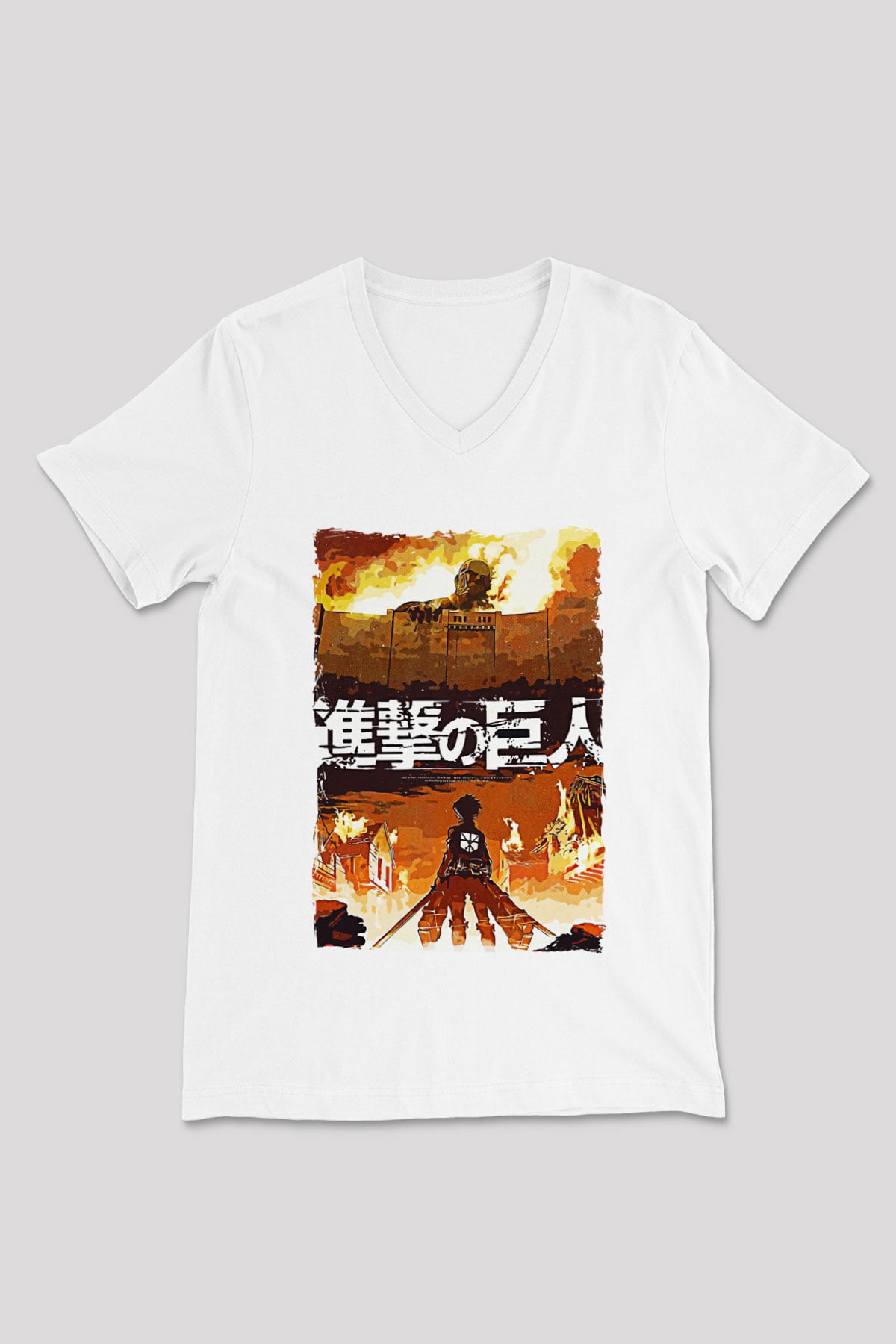 Attack On Titan Baskılı Beyaz Unisex V Yaka Tişört - Tshirt