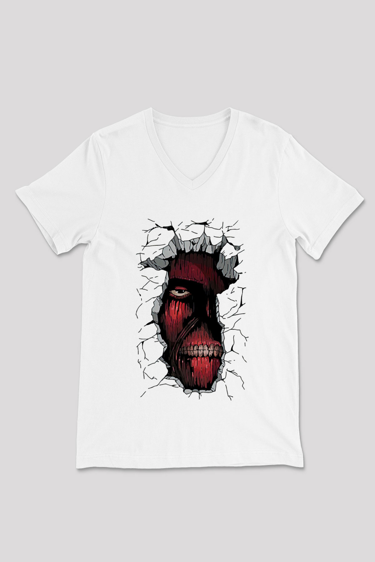 Attack On Titan Baskılı Beyaz Unisex V Yaka Tişört - Tshirt