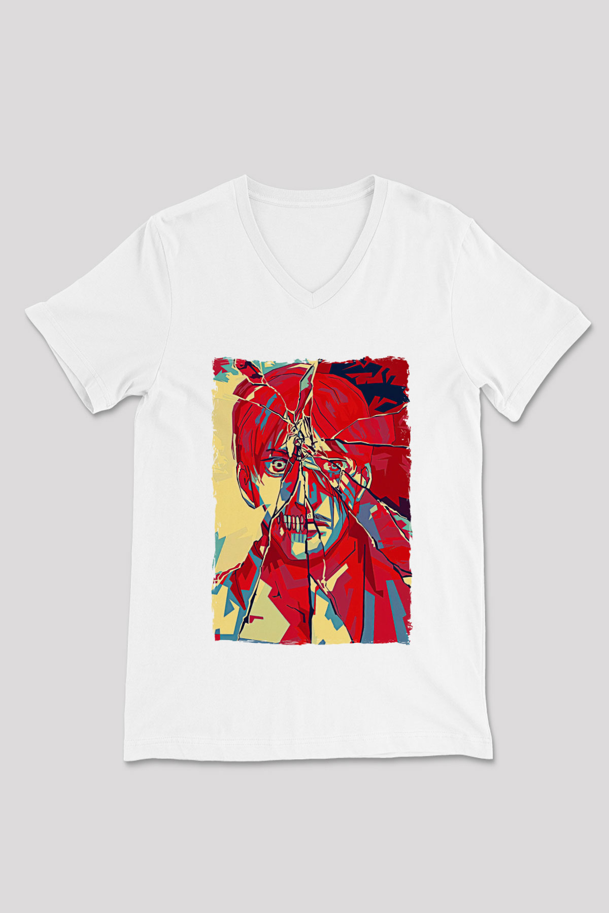 Attack On Titan Baskılı Beyaz Unisex V Yaka Tişört - Tshirt