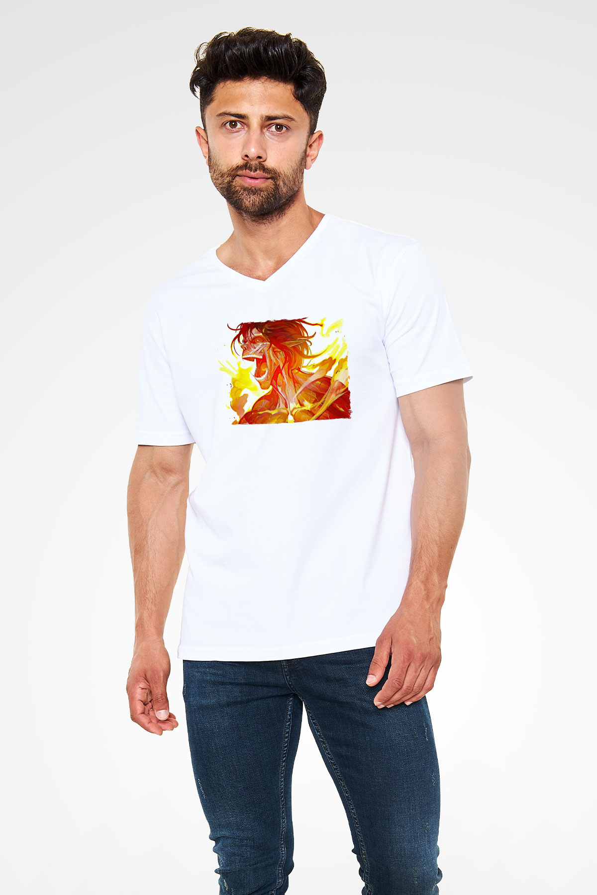 Attack On Titan Baskılı Beyaz Unisex V Yaka Tişört - Tshirt