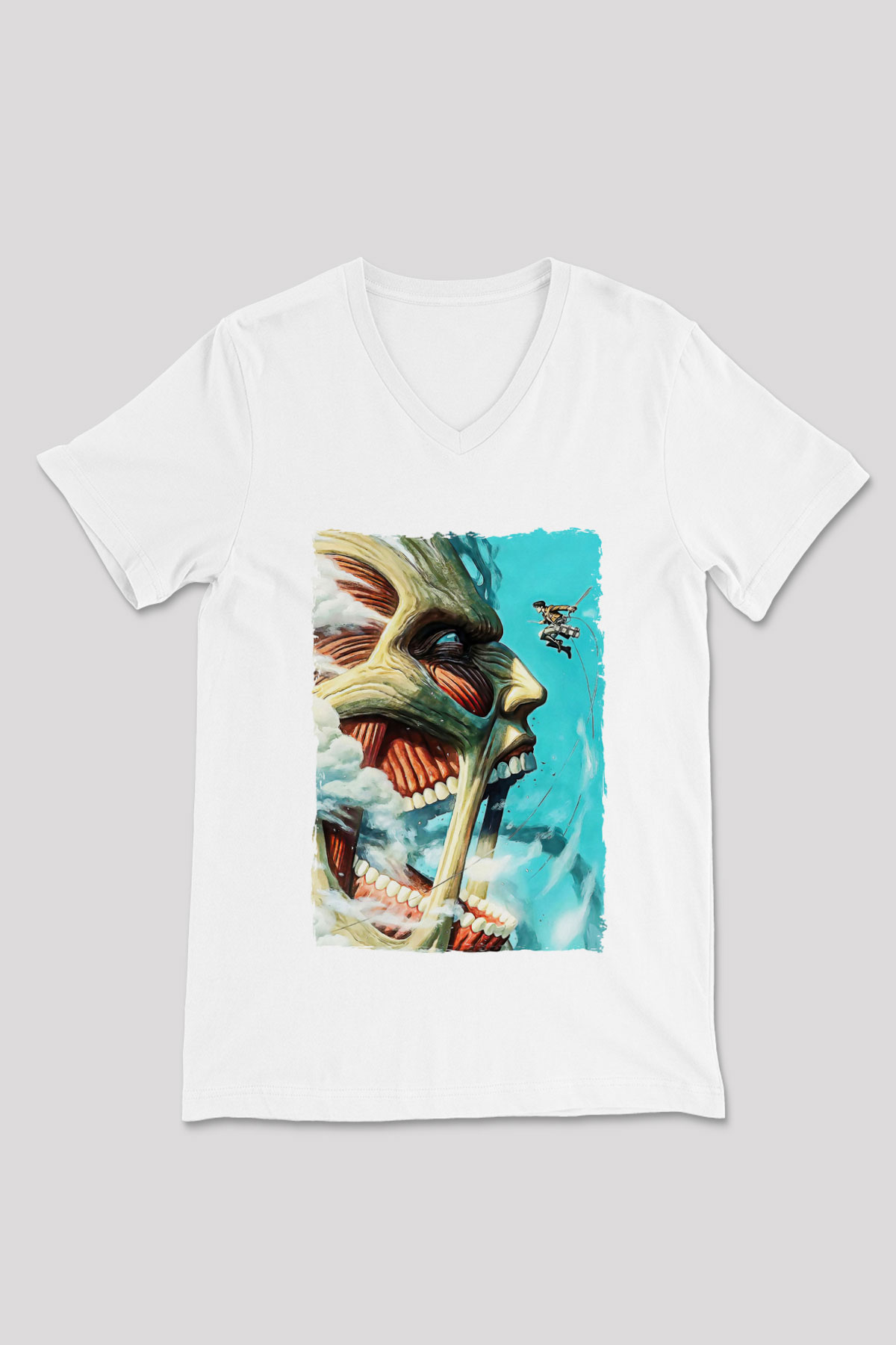 Attack On Titan Baskılı Beyaz Unisex V Yaka Tişört - Tshirt
