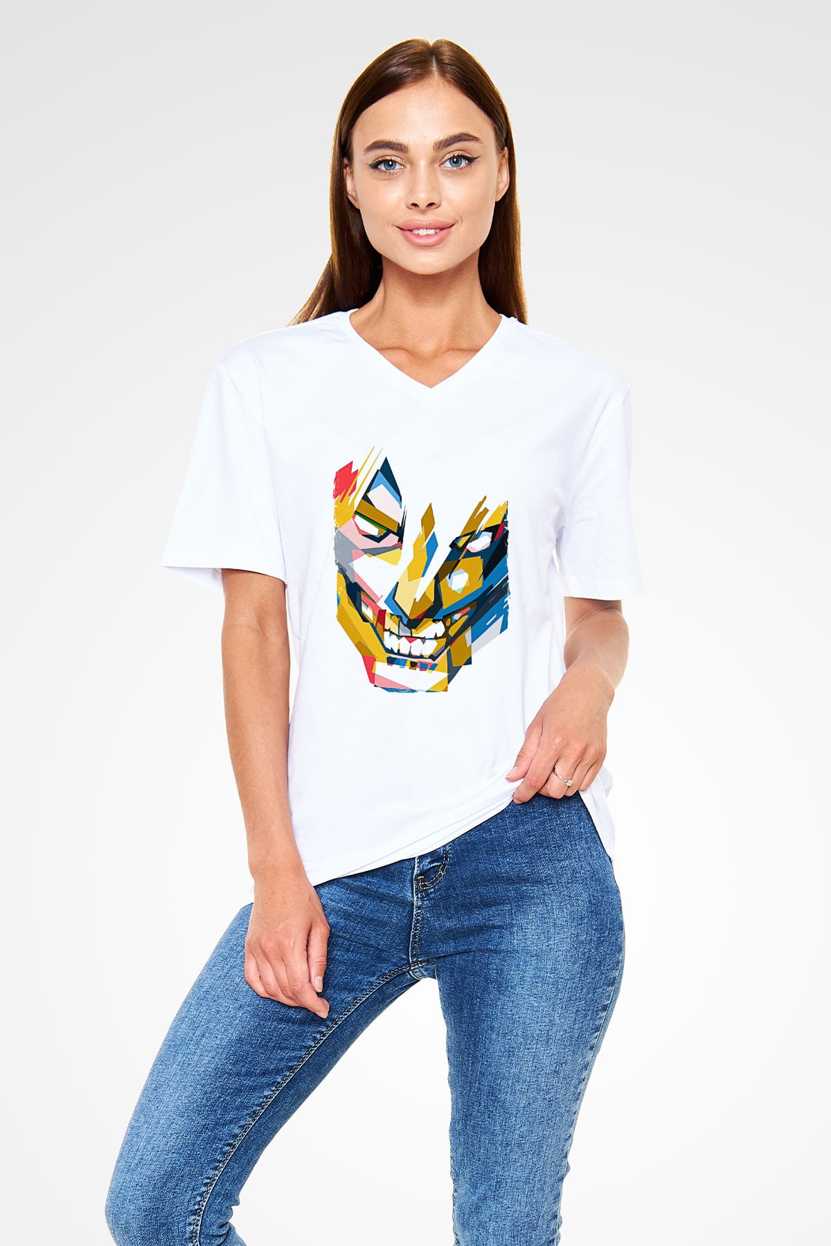 Attack On Titan Baskılı Beyaz Unisex V Yaka Tişört - Tshirt