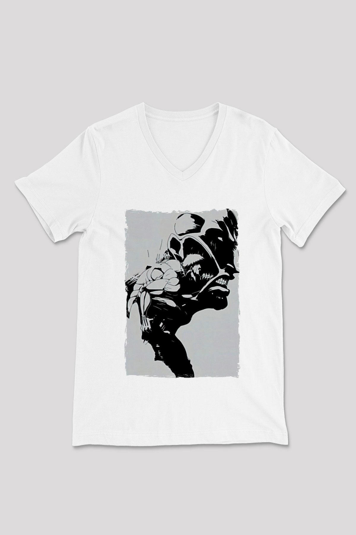 Attack On Titan Baskılı Beyaz Unisex V Yaka Tişört - Tshirt