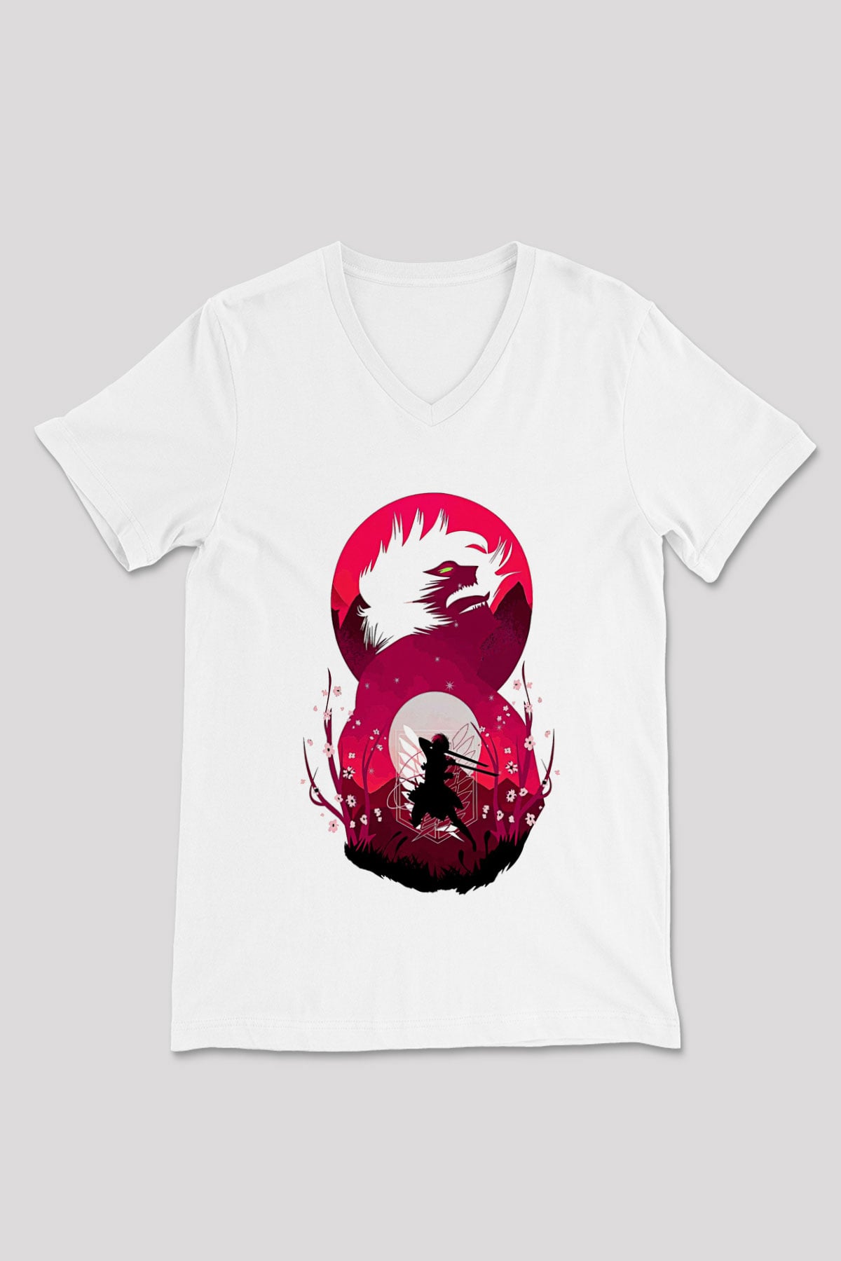 Attack On Titan Baskılı Beyaz Unisex V Yaka Tişört - Tshirt