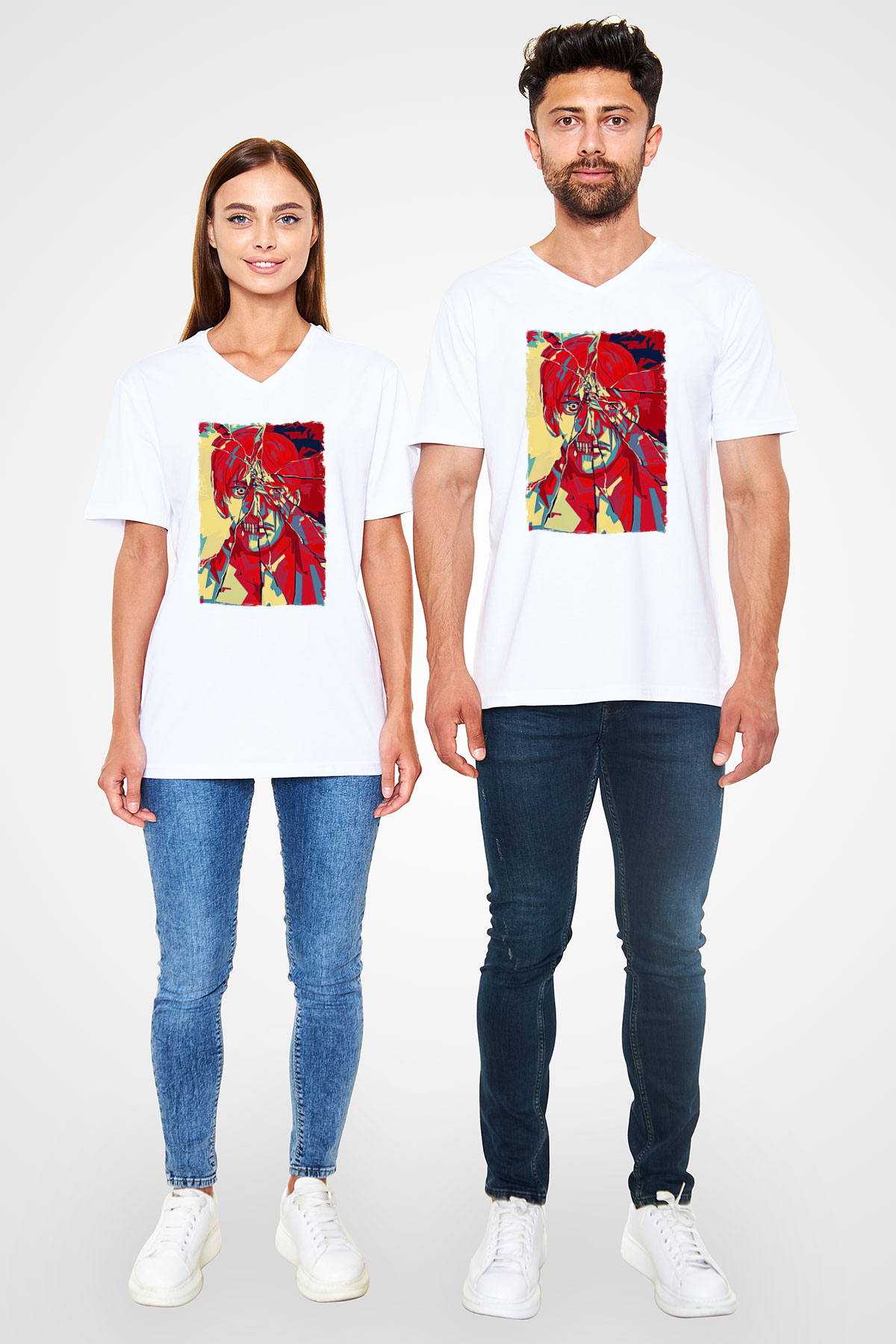 Attack On Titan Baskılı Beyaz Unisex V Yaka Tişört - Tshirt