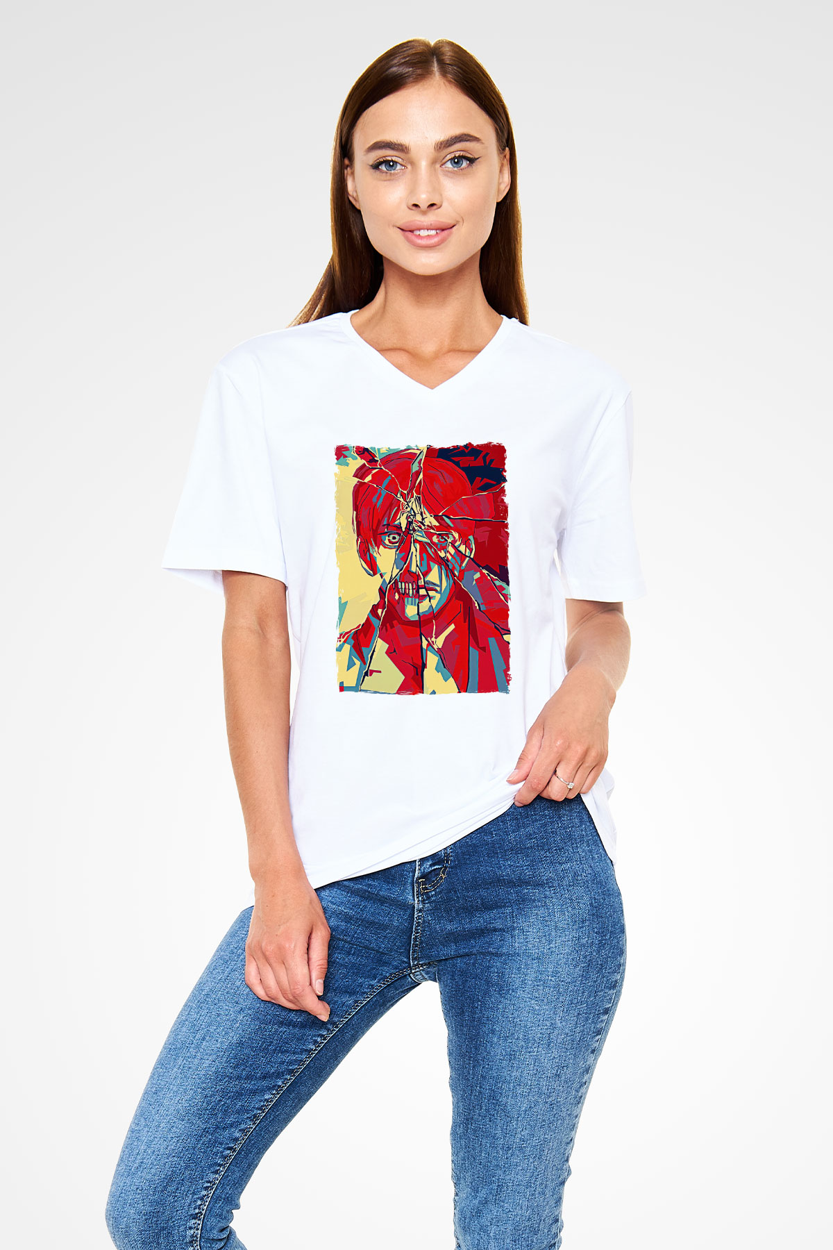 Attack On Titan Baskılı Beyaz Unisex V Yaka Tişört - Tshirt