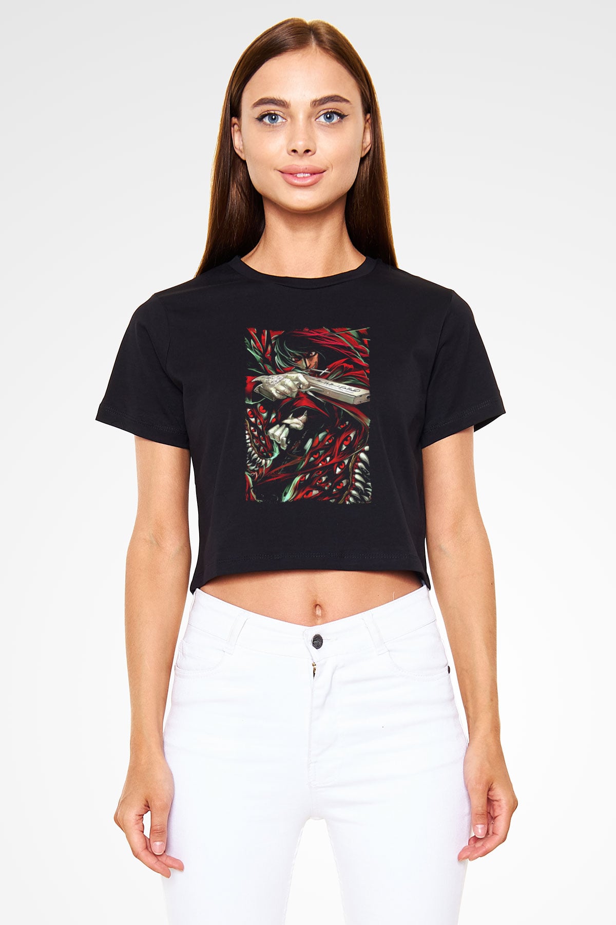 Attack On Titan Baskılı Siyah Crop Top Kadın Tişört - Tshirt