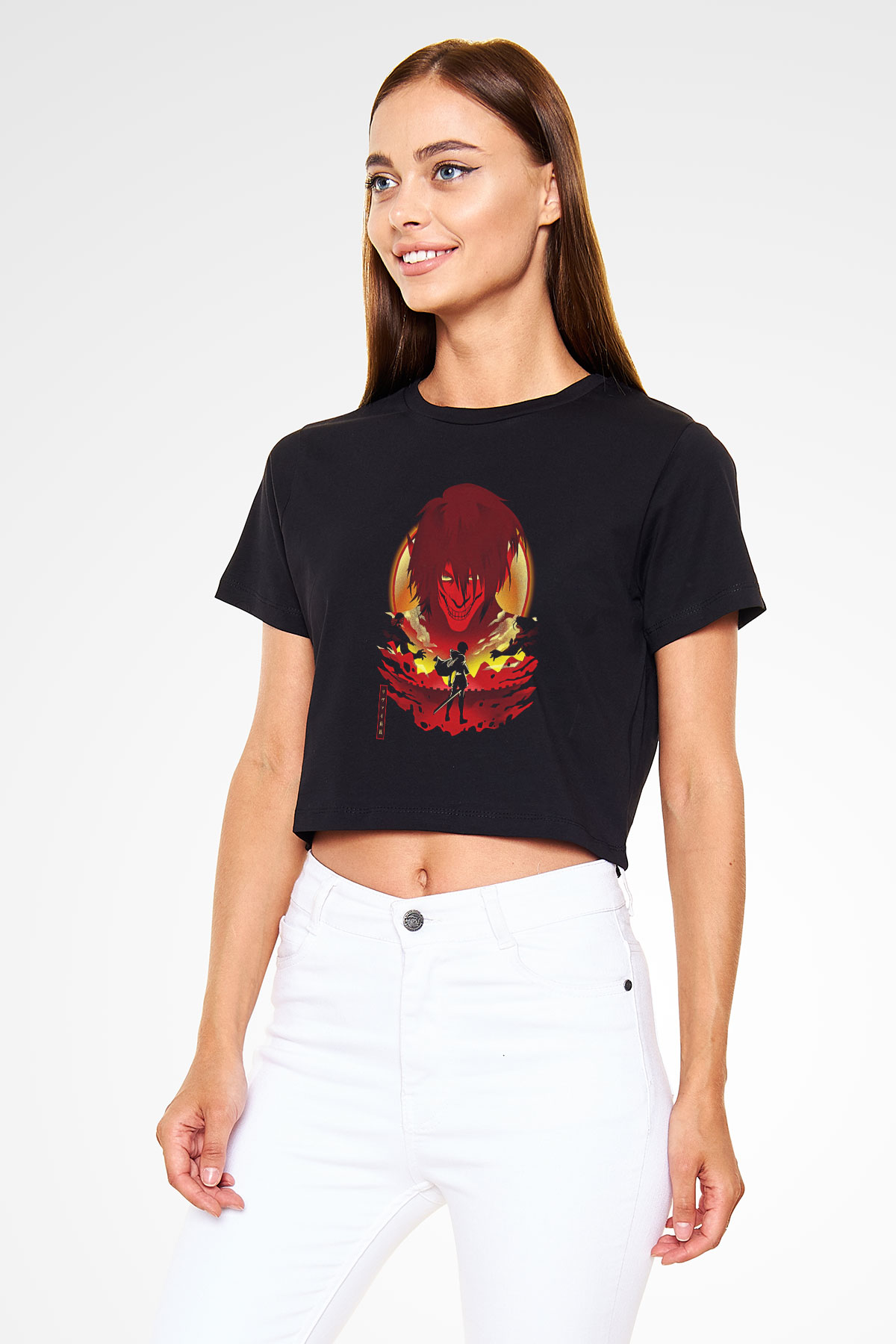 Attack On Titan Baskılı Siyah Crop Top Kadın Tişört - Tshirt