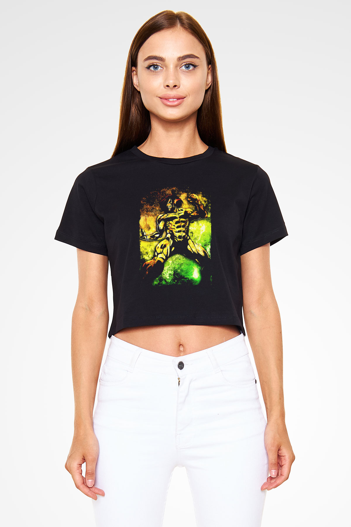 Attack On Titan Baskılı Siyah Crop Top Kadın Tişört - Tshirt