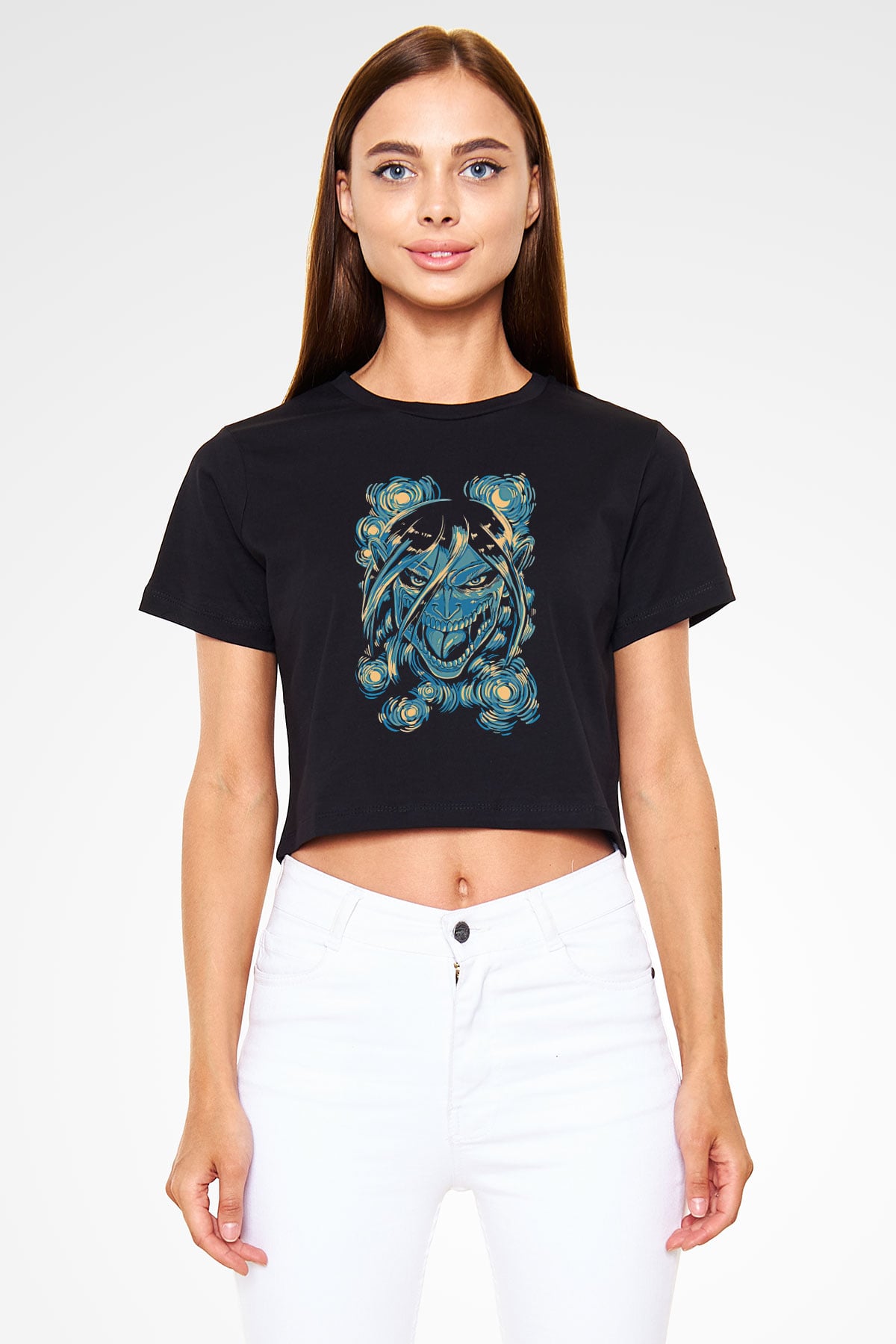 Attack On Titan Baskılı Siyah Crop Top Kadın Tişört - Tshirt