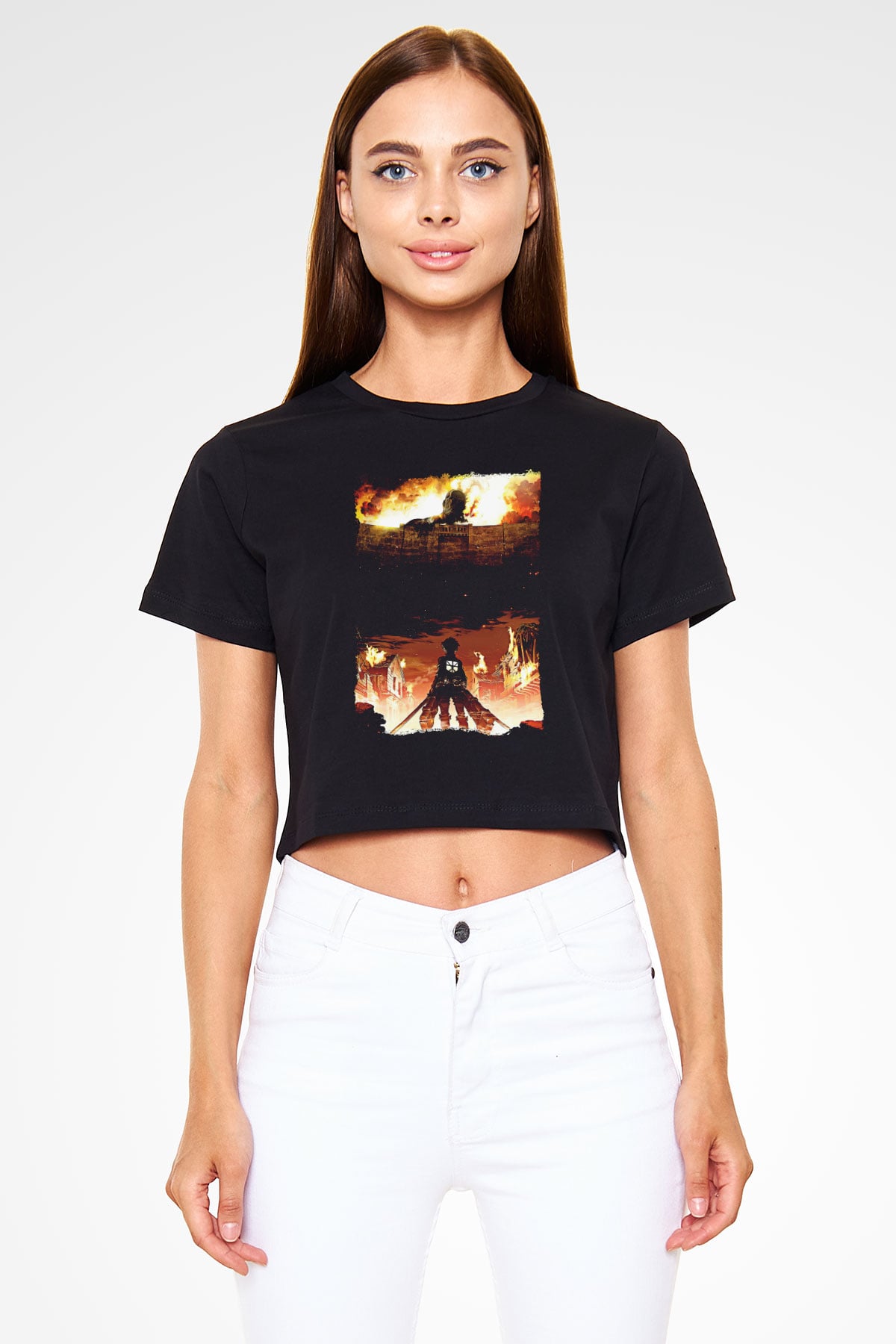 Attack On Titan Baskılı Siyah Crop Top Kadın Tişört - Tshirt