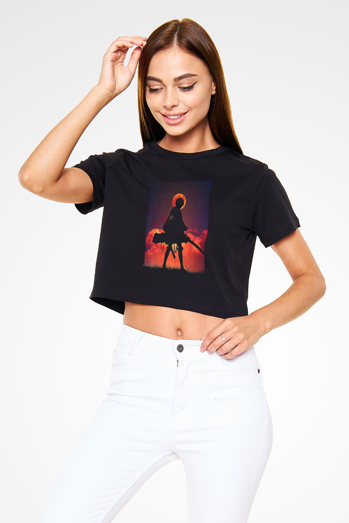 Attack On Titan Baskılı Siyah Crop Top Kadın Tişört - Tshirt