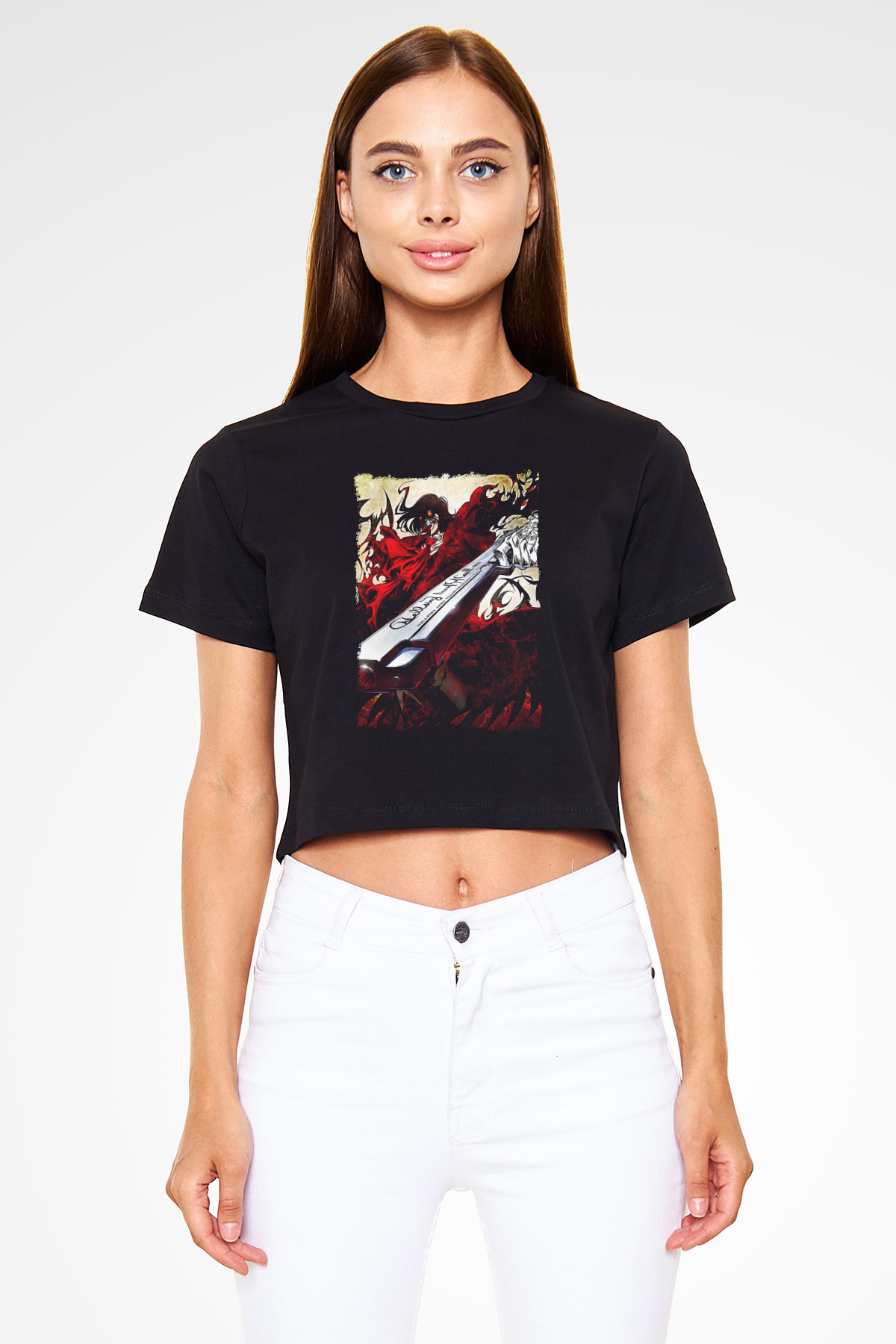 Attack On Titan Baskılı Siyah Crop Top Kadın Tişört - Tshirt