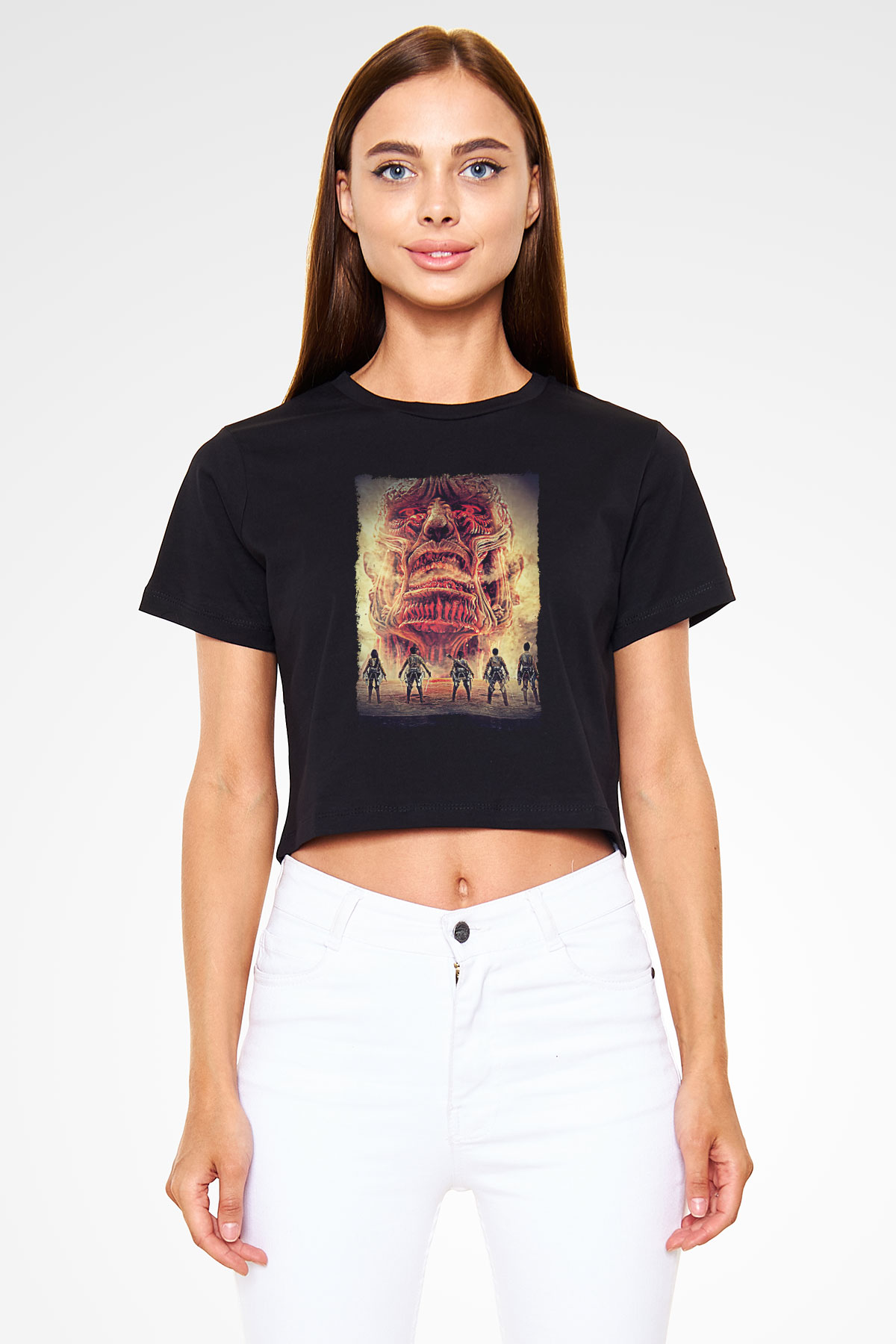 Attack On Titan Baskılı Siyah Crop Top Kadın Tişört - Tshirt
