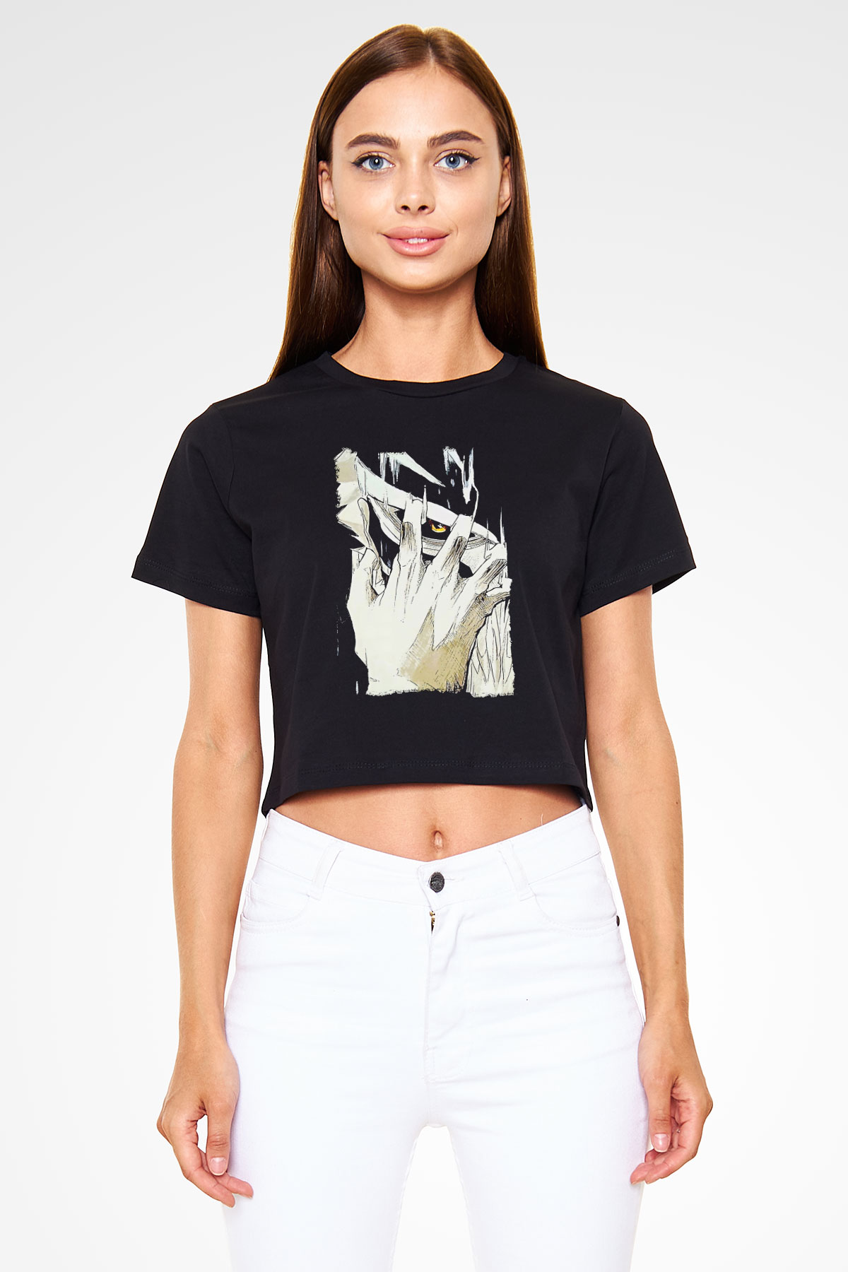 Attack On Titan Baskılı Siyah Crop Top Kadın Tişört - Tshirt
