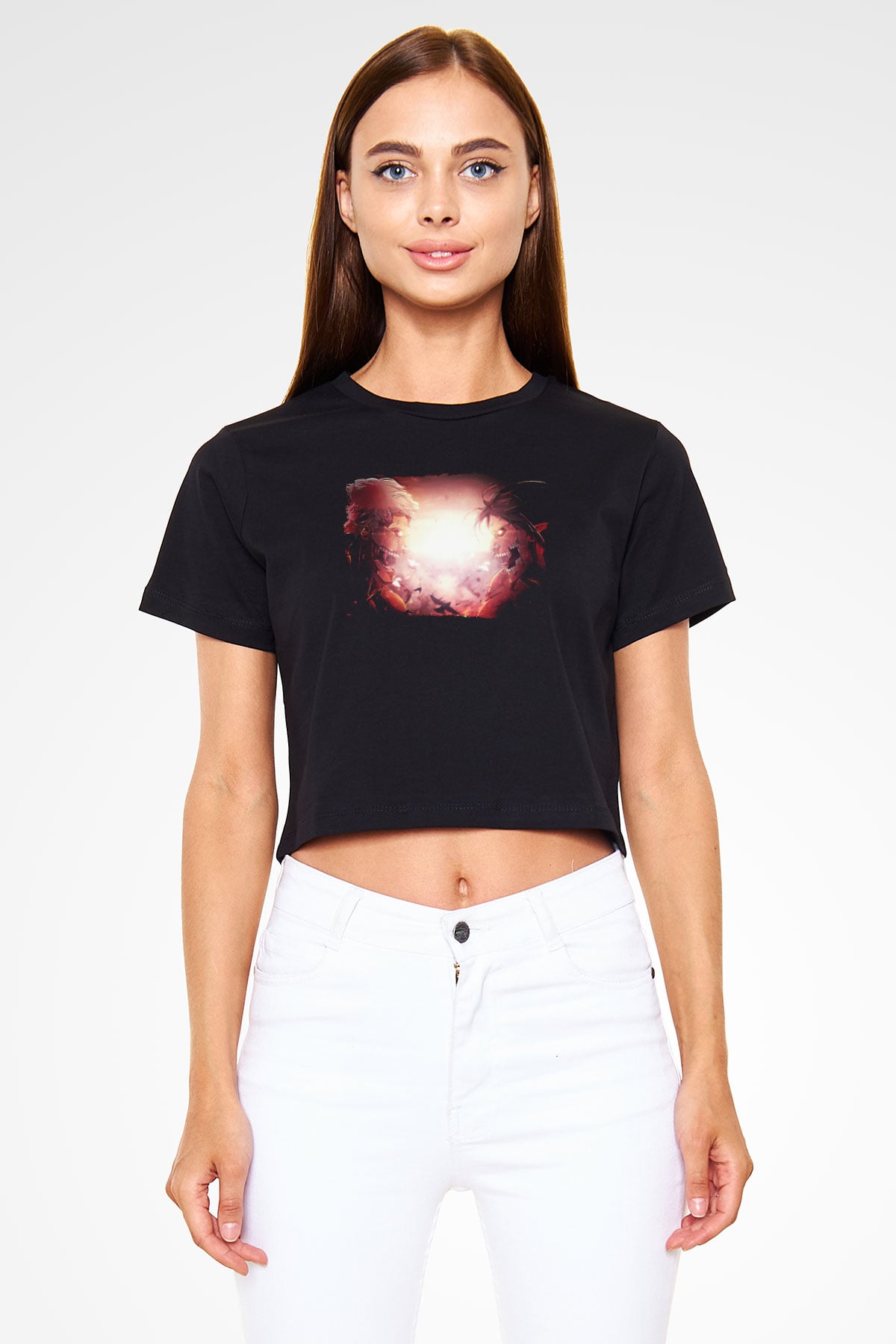 Attack On Titan Baskılı Siyah Crop Top Kadın Tişört - Tshirt