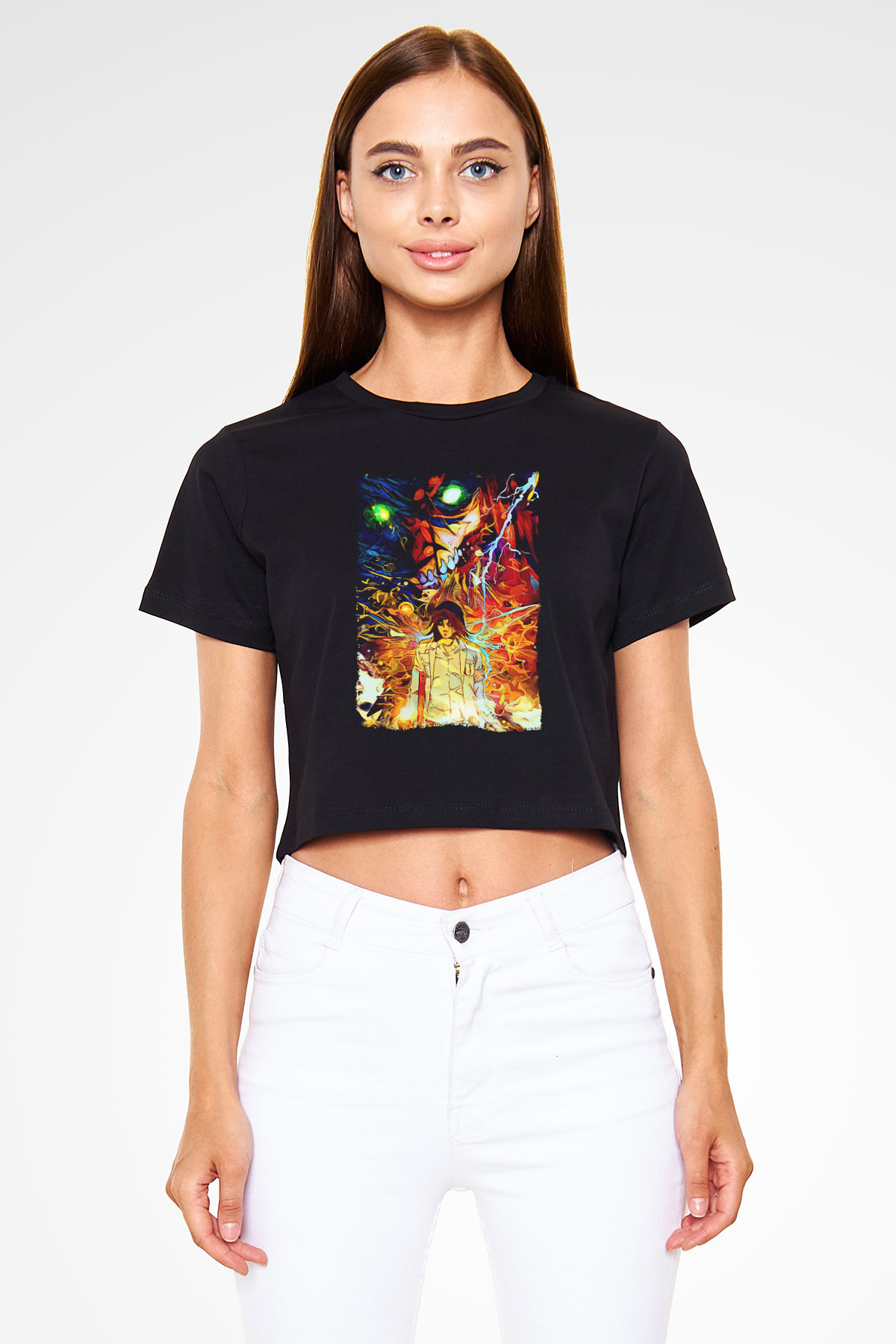 Attack On Titan Baskılı Siyah Crop Top Kadın Tişört - Tshirt