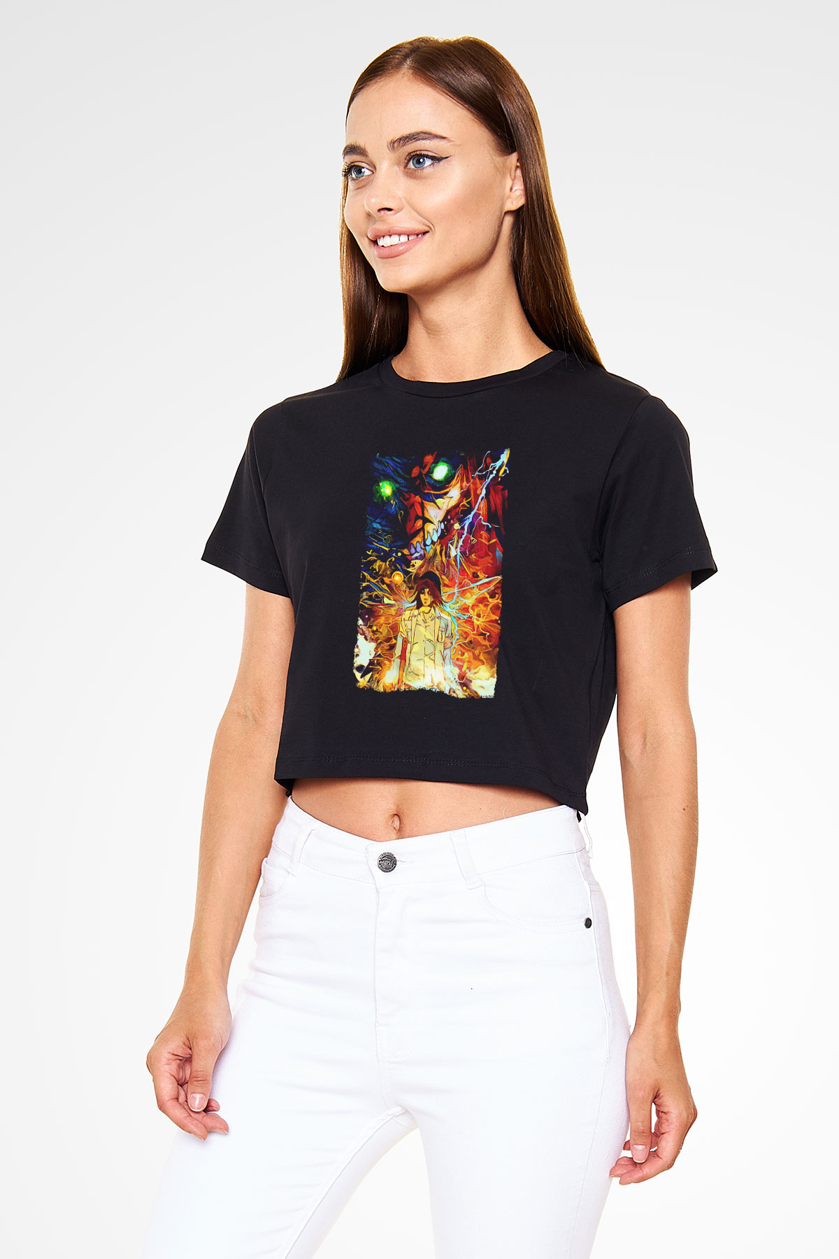 Attack On Titan Baskılı Siyah Crop Top Kadın Tişört - Tshirt