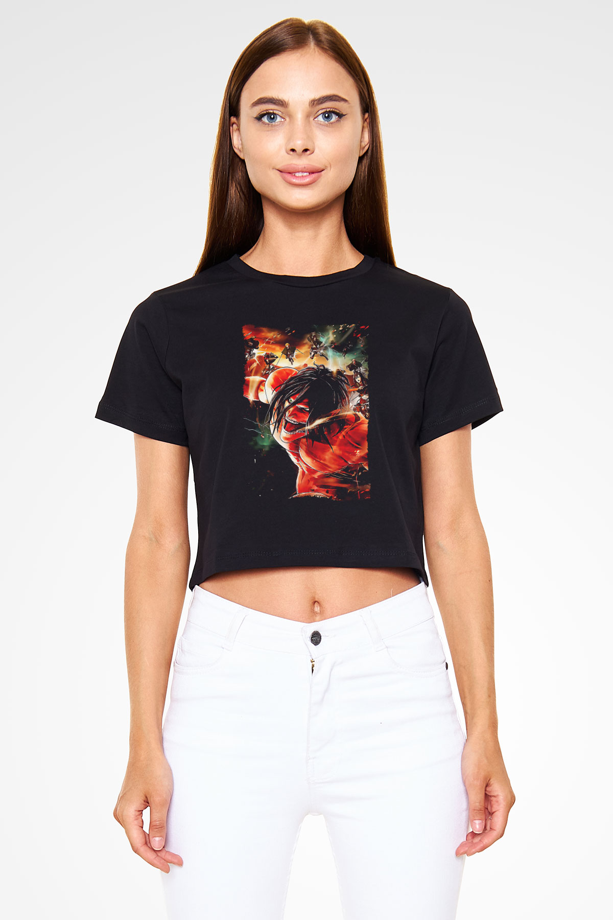 Attack On Titan Baskılı Siyah Crop Top Kadın Tişört - Tshirt