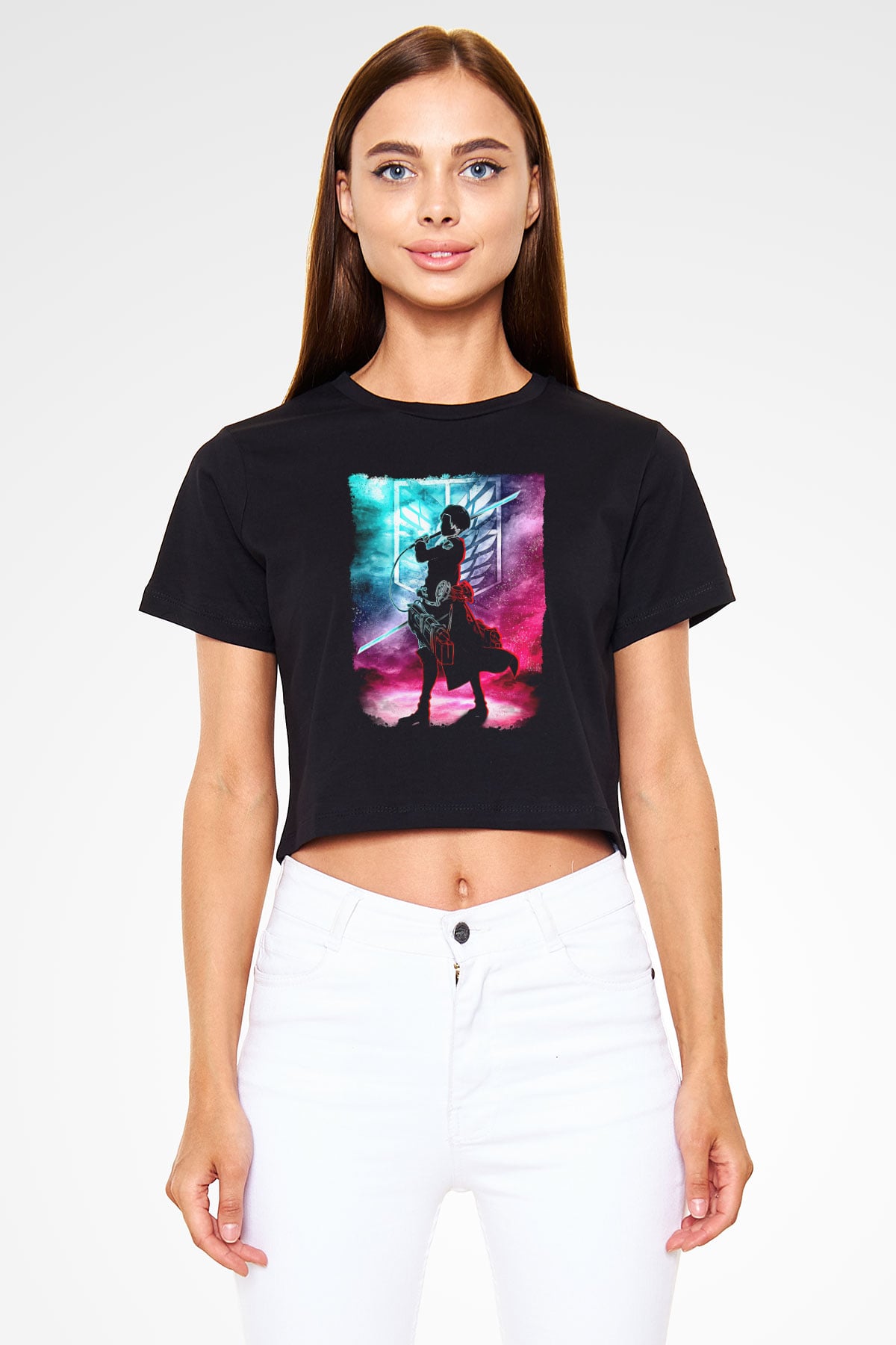 Attack On Titan Baskılı Siyah Crop Top Kadın Tişört - Tshirt