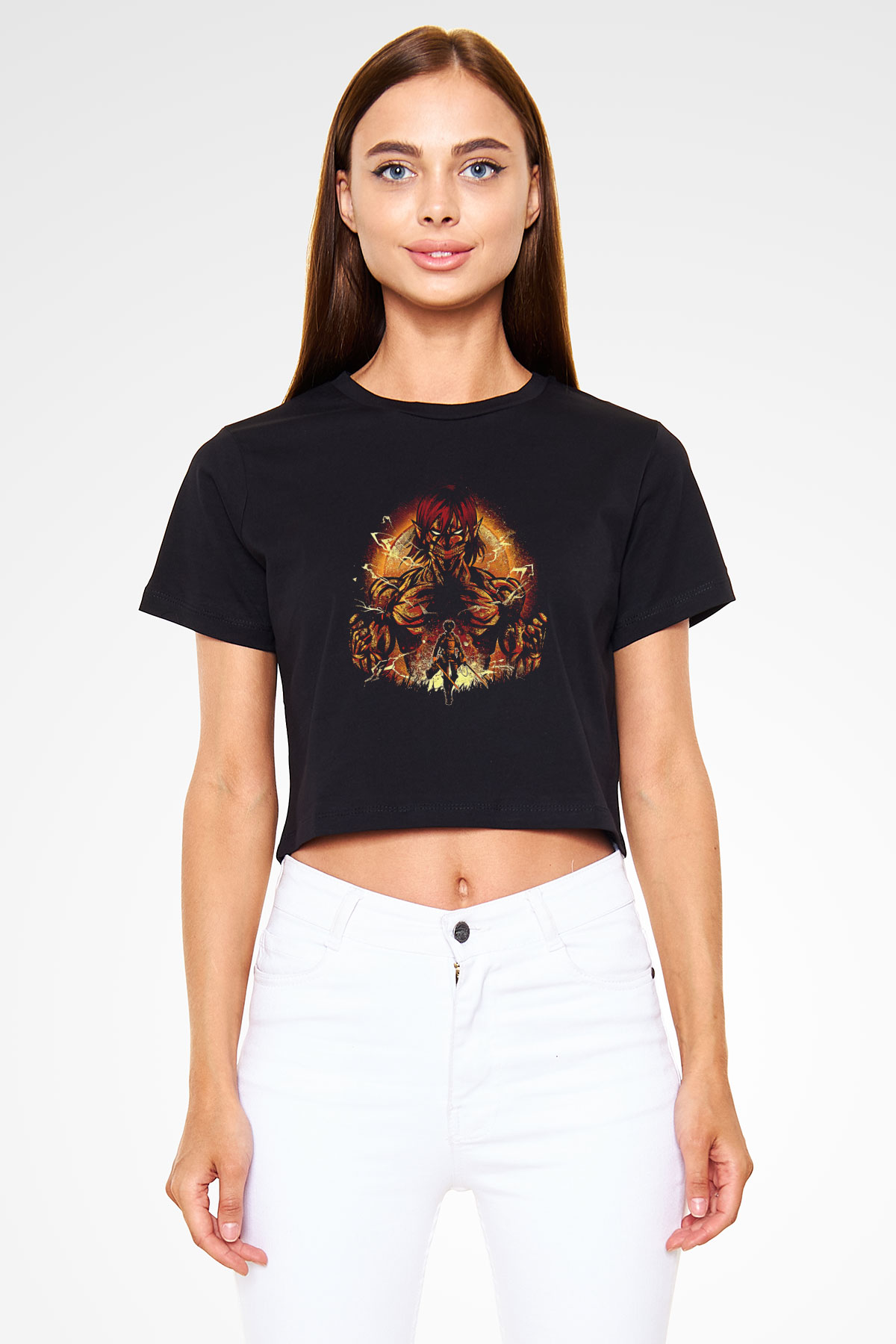 Attack On Titan Baskılı Siyah Crop Top Kadın Tişört - Tshirt