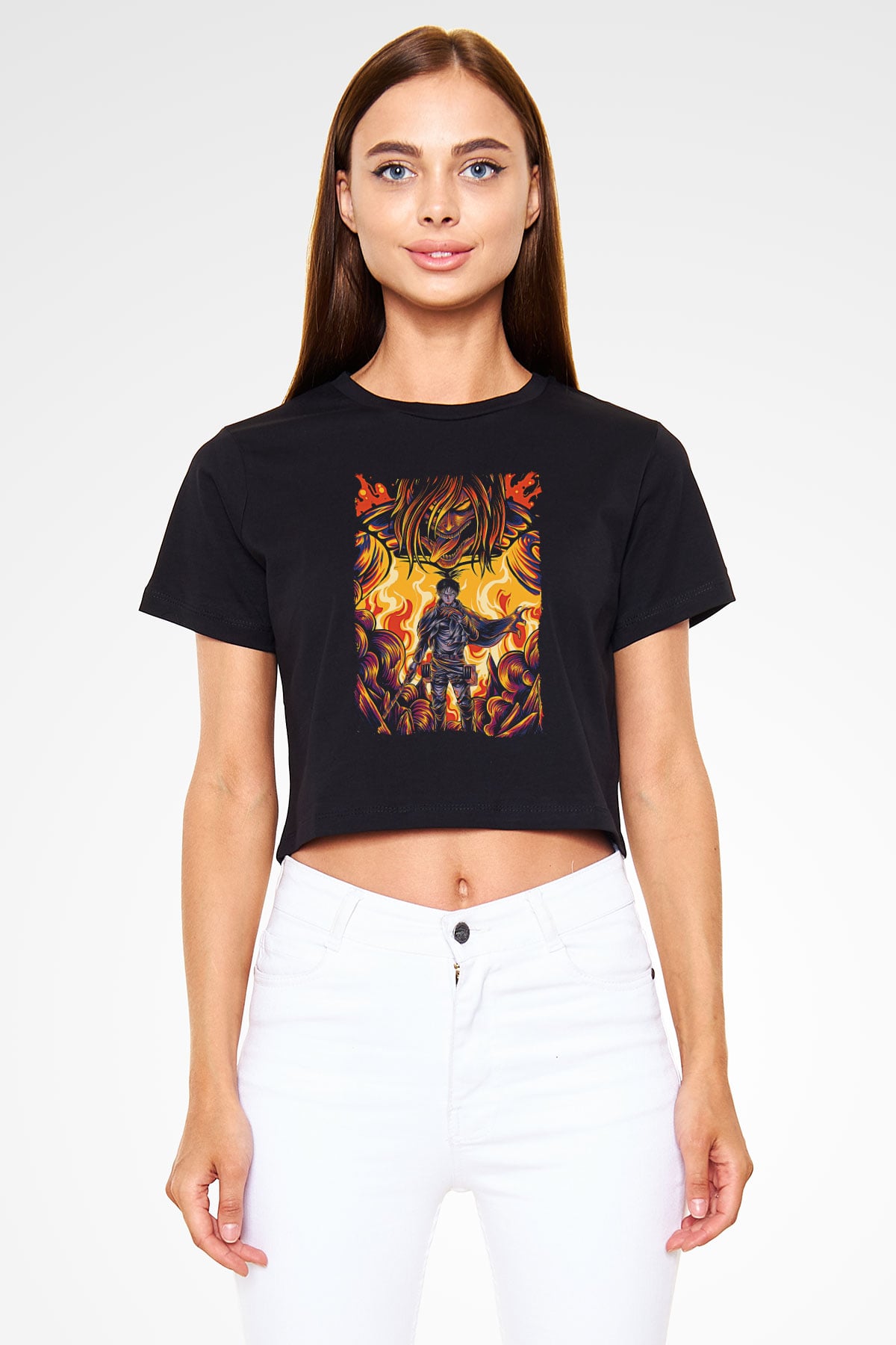 Attack On Titan Baskılı Siyah Crop Top Kadın Tişört - Tshirt