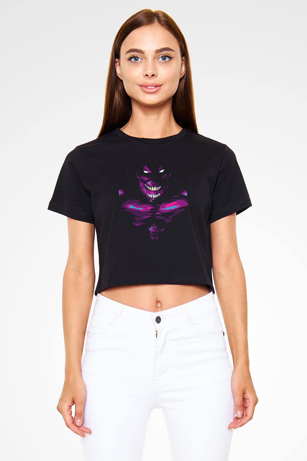 Attack On Titan Baskılı Siyah Crop Top Kadın Tişört - Tshirt
