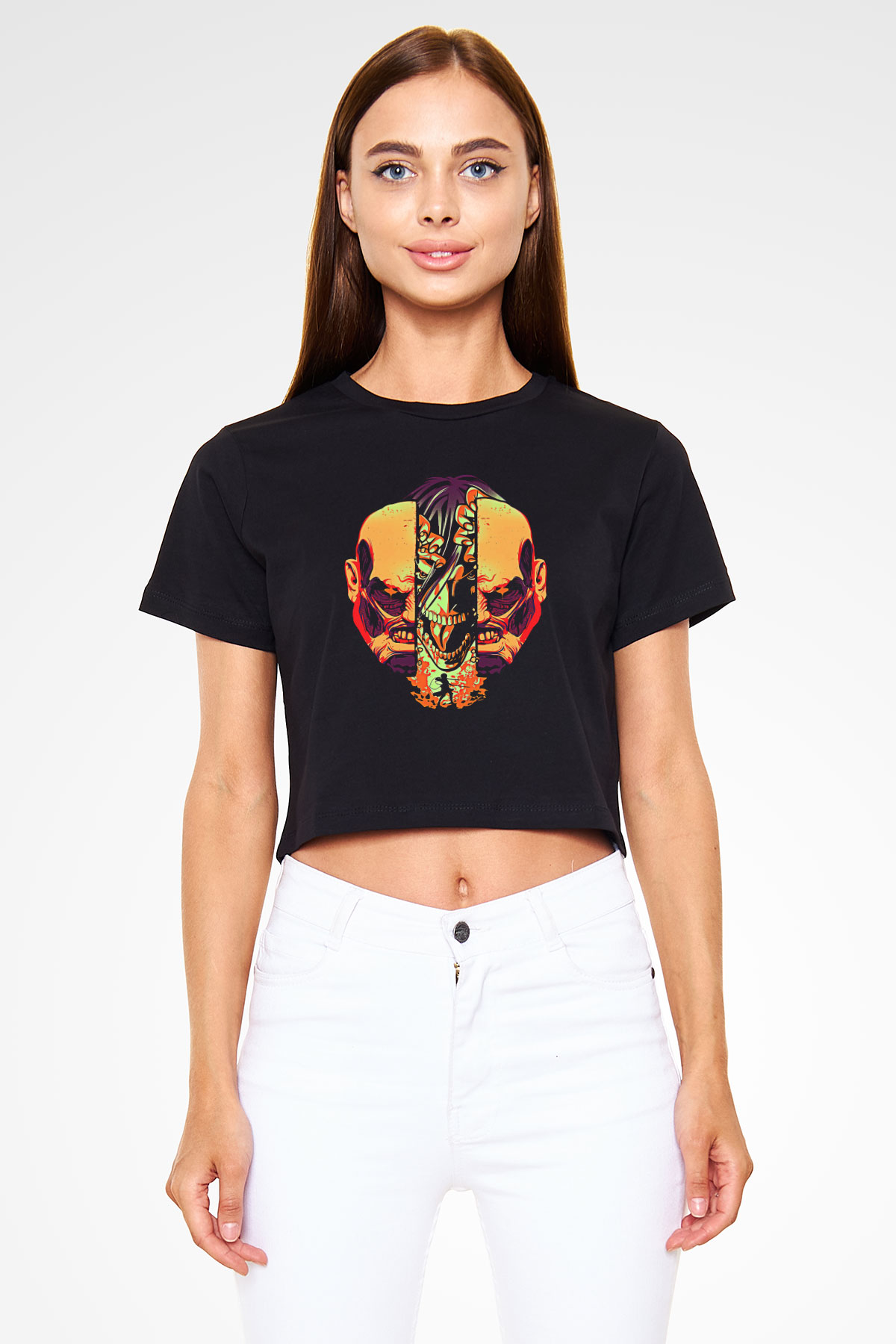 Attack On Titan Baskılı Siyah Crop Top Kadın Tişört - Tshirt